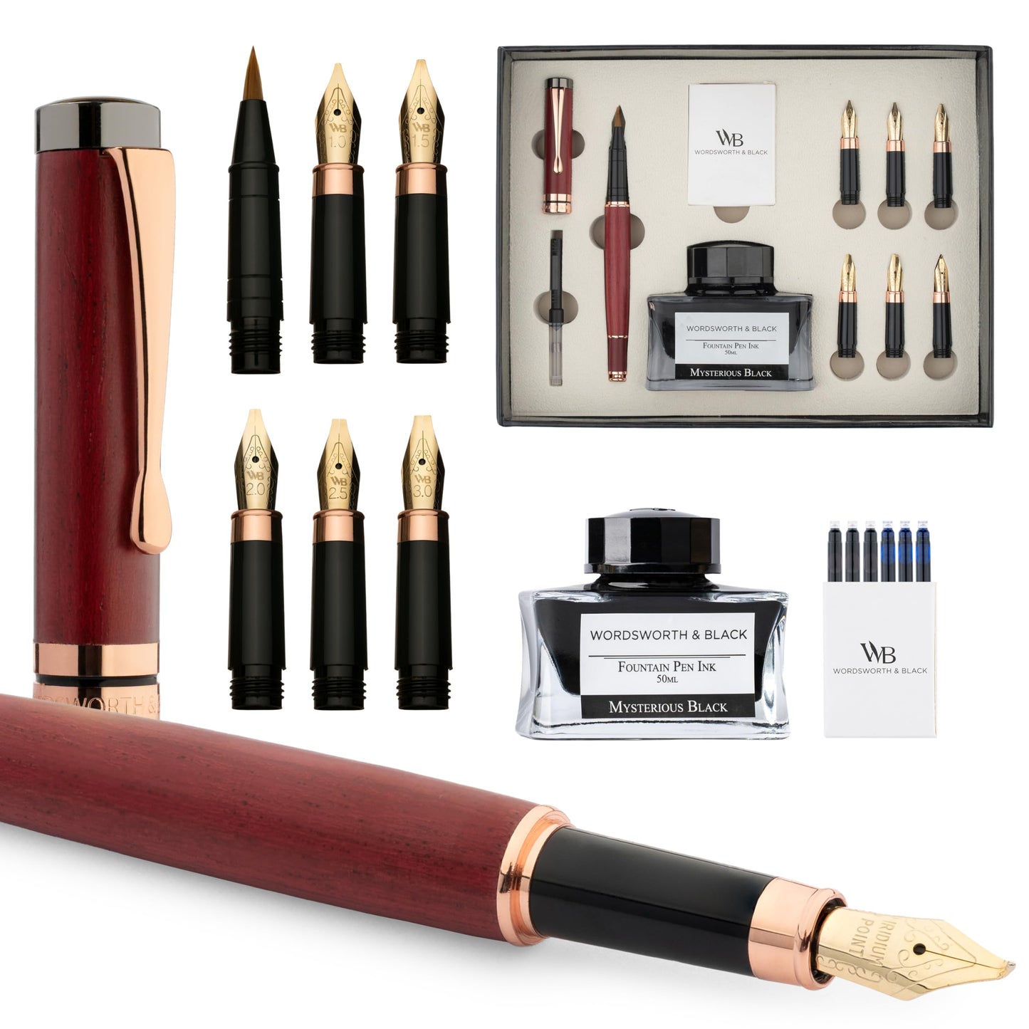 Wordsworth & Black Calligraphy Pen Gift Set, Includes Ink Bottle, 6 Ink Cartridges, Refill Converter, 6 Replacement Nibs, Luxury Bamboo, Journaling, Smooth Writing Pens [Violet Wood]
