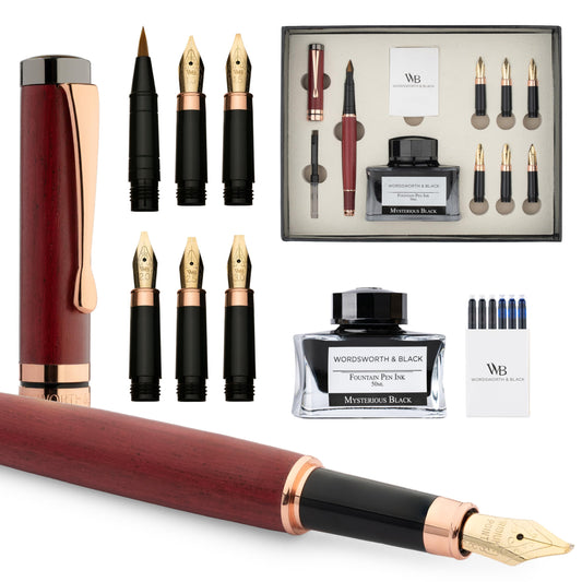 Wordsworth & Black Calligraphy Pen Gift Set, Includes Ink Bottle, 6 Ink Cartridges, Refill Converter, 6 Replacement Nibs, Luxury Bamboo, Journaling, Smooth Writing Pens [Violet Wood]