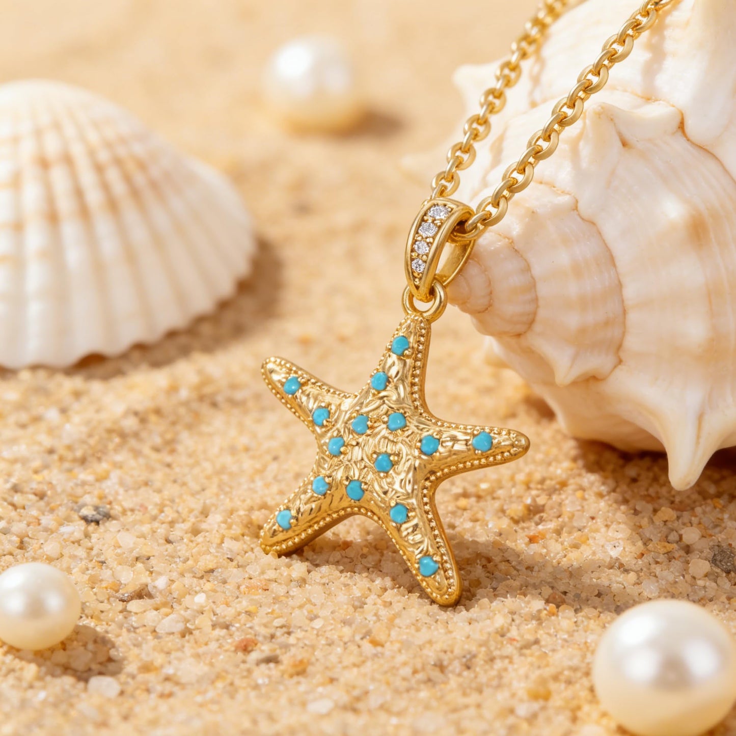 Dremmy Studios Dainty Necklace for Women 14K Gold Plated Tur Starfish Necklace Boho Summer Beach Coastal Pendnat Necklaces for Women Summer Jewelry Gift