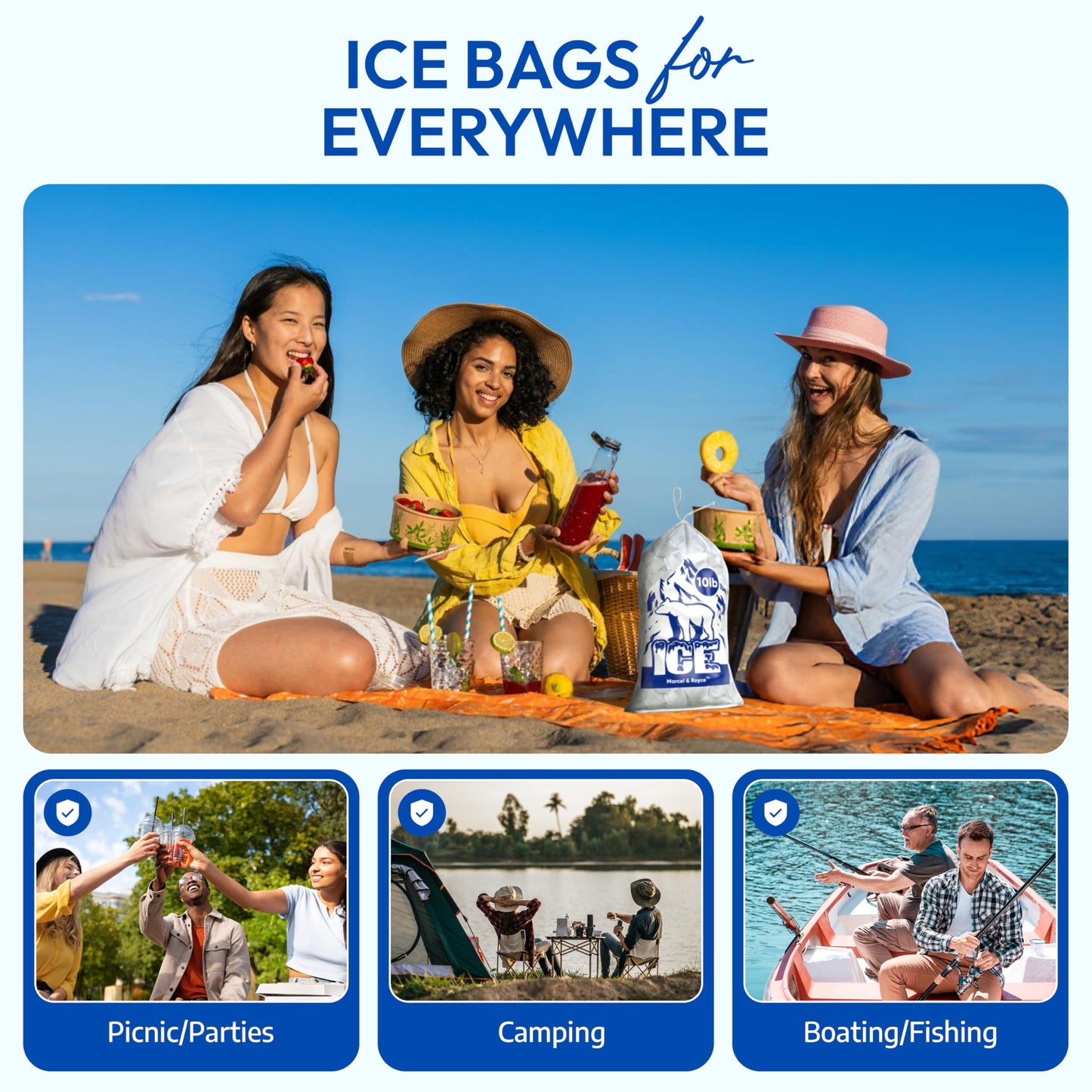 Marcel & Royce Plastic Ice Bags With Drawstring - 10 LB 100 Pack | Clear Cube Bags for Storing Ice | Heavy Duty Bags for Ice Machine | Reusable BPA FREE