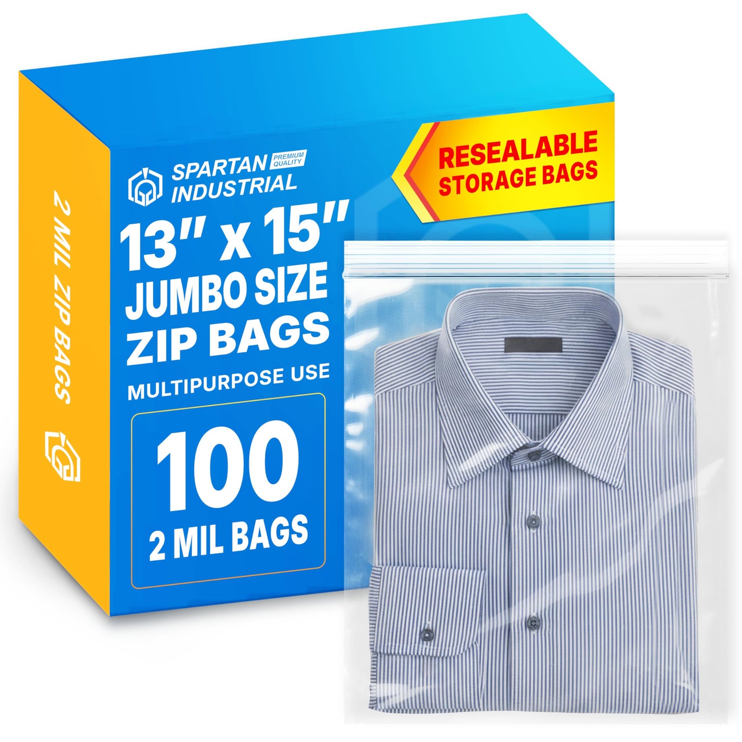 Spartan Industrial - 13" X 15" (100 Count) 2 Mil Clear Reclosable Zip Plastic Poly Bags with Resealable Lock Seal Zipper