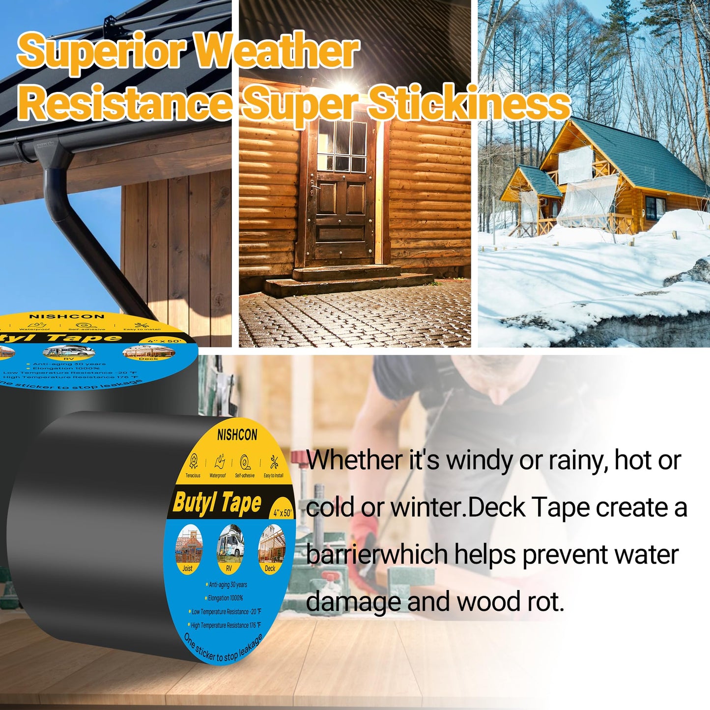 NISHCON Butyl Sealant Tape 4" x 50', Deck Joist Tape for Decking, Waterproof and Anti-Corrosion for Extend Deck Life, 2 Rolls