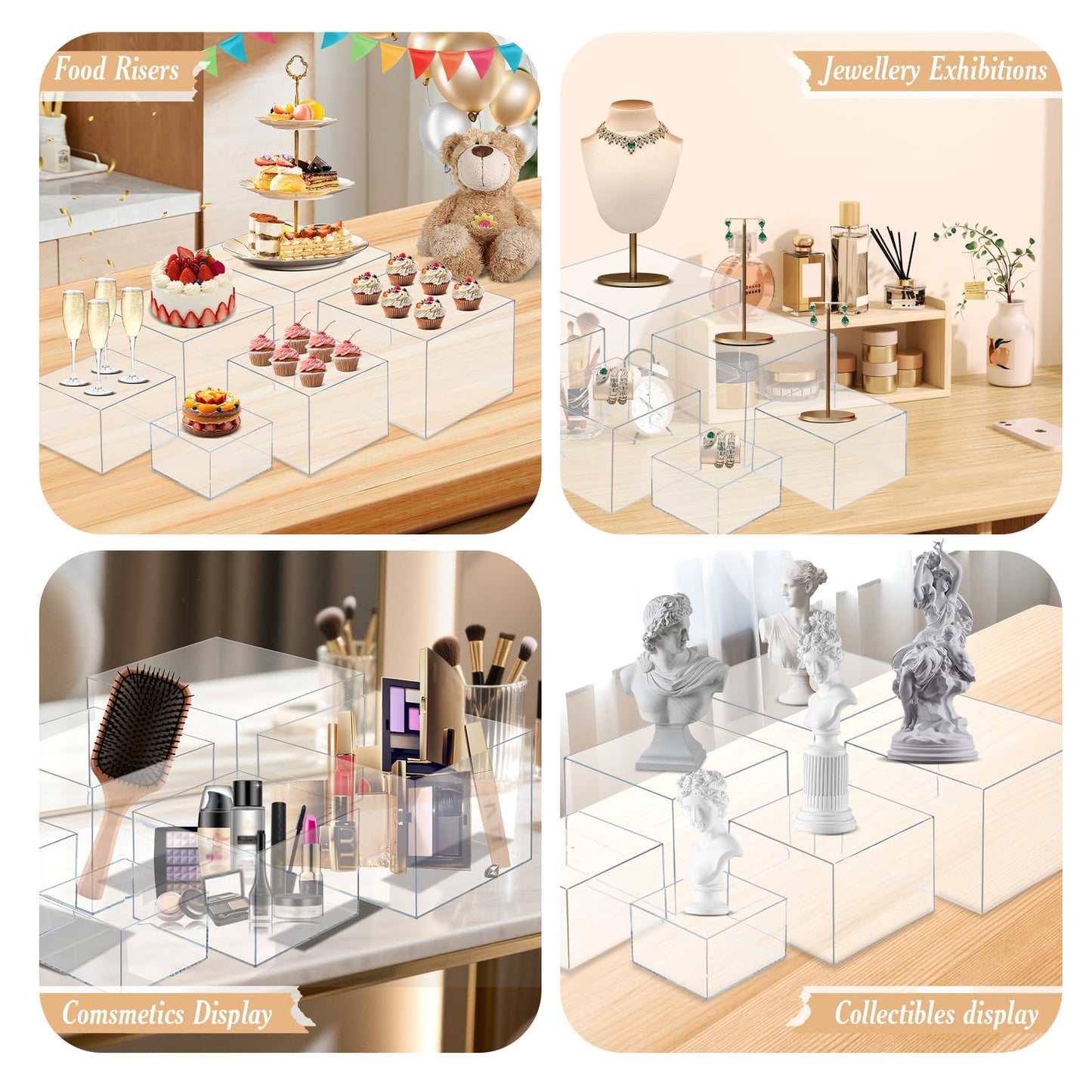 6 PCS Buffet Risers, Large Food Risers for Buffet Table, Food Display Risers for Party, White Acrylic Boxes Dessert Table Display Set, Risers Display Stands (Size 10" 9" 8" 7" 6" 5", Transparent)