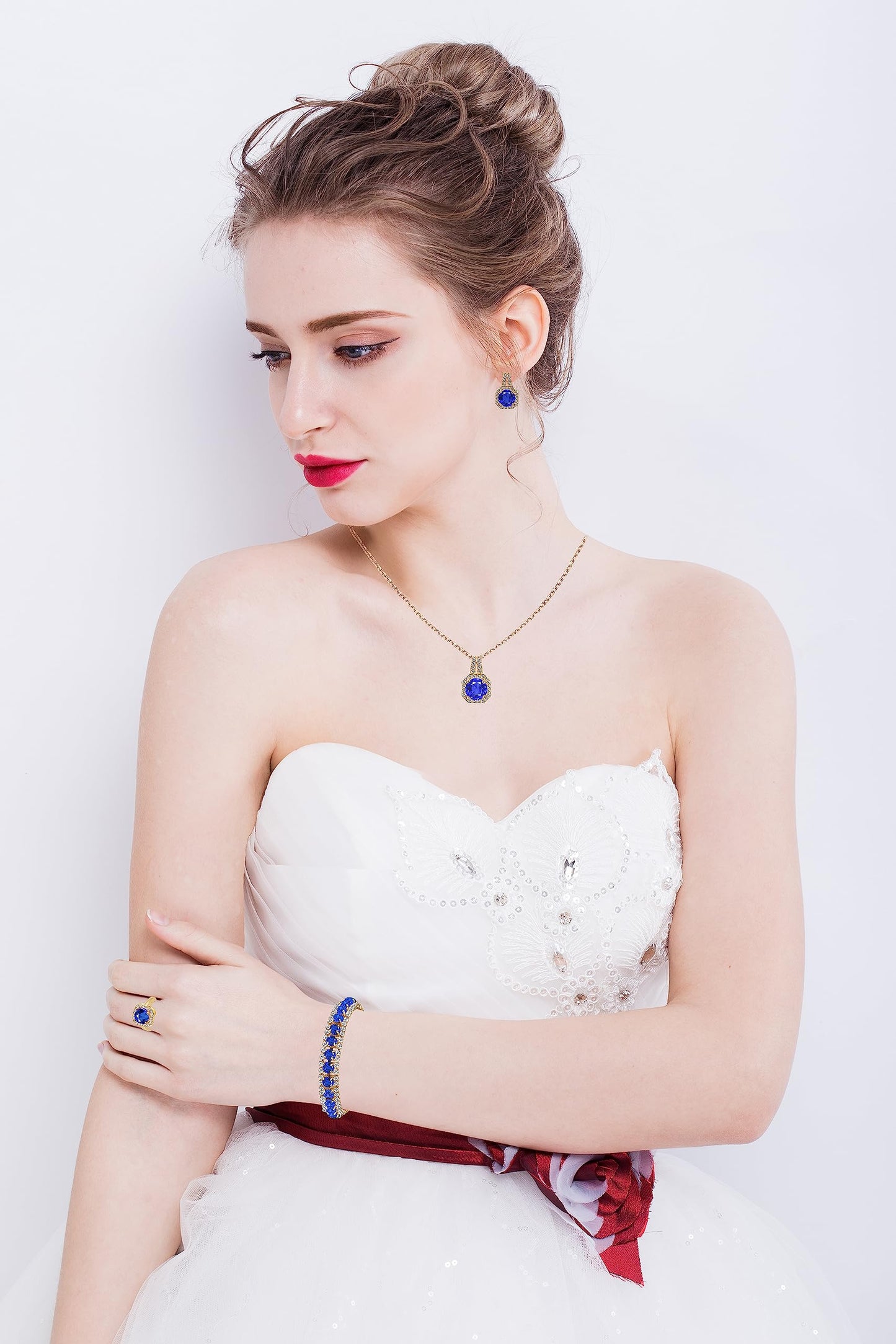 Paxuan Platinum/Gold Plated Cubic Zirconia Diamond Wedding Jewelry Sets Bridal CZ Pendant Necklace Stud Earrings Link Bracelets Rings Set for Women