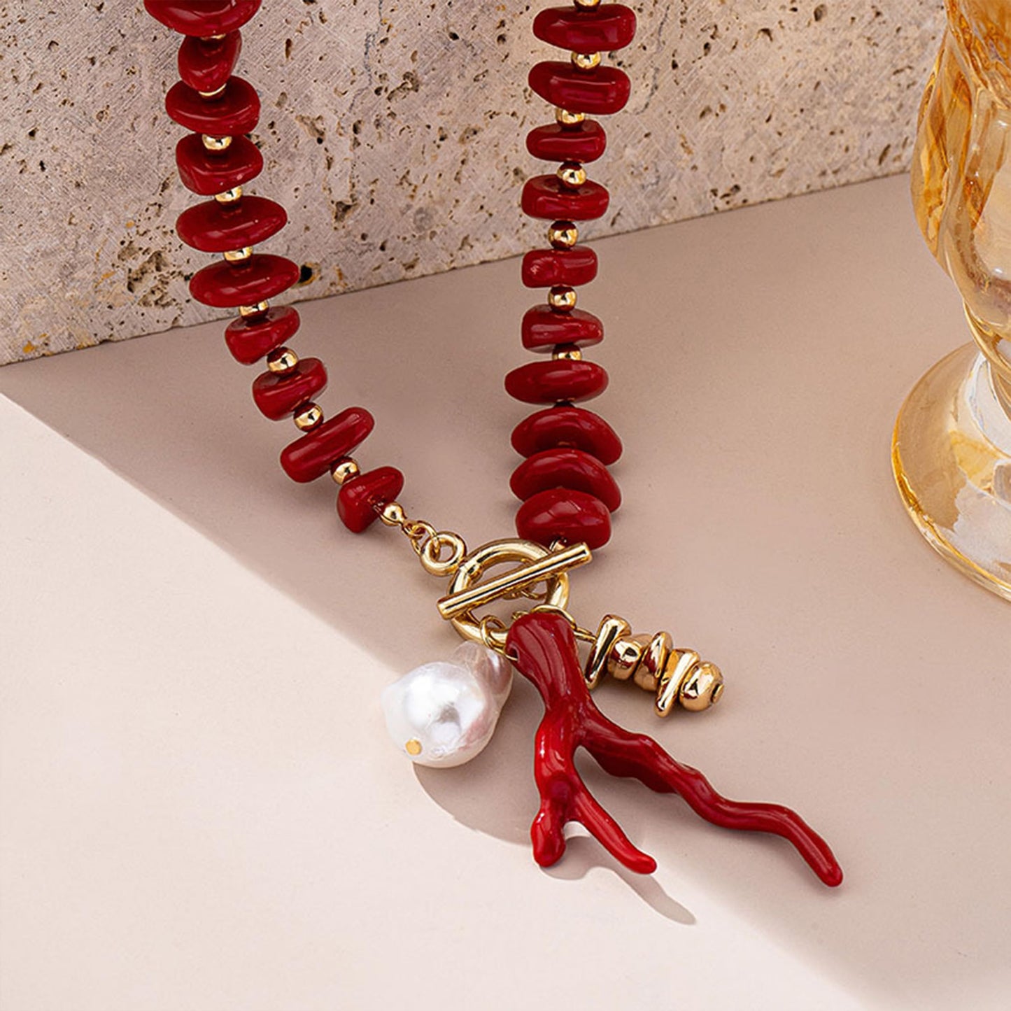 Ocean Coral Pendant Necklace for Women Green Acrylic Beaded Choker Gold OT Clasp Baroque Pearl Charm Necklace Boho Summer Beach Vacation Nautical Coastal Jewelry (Red)