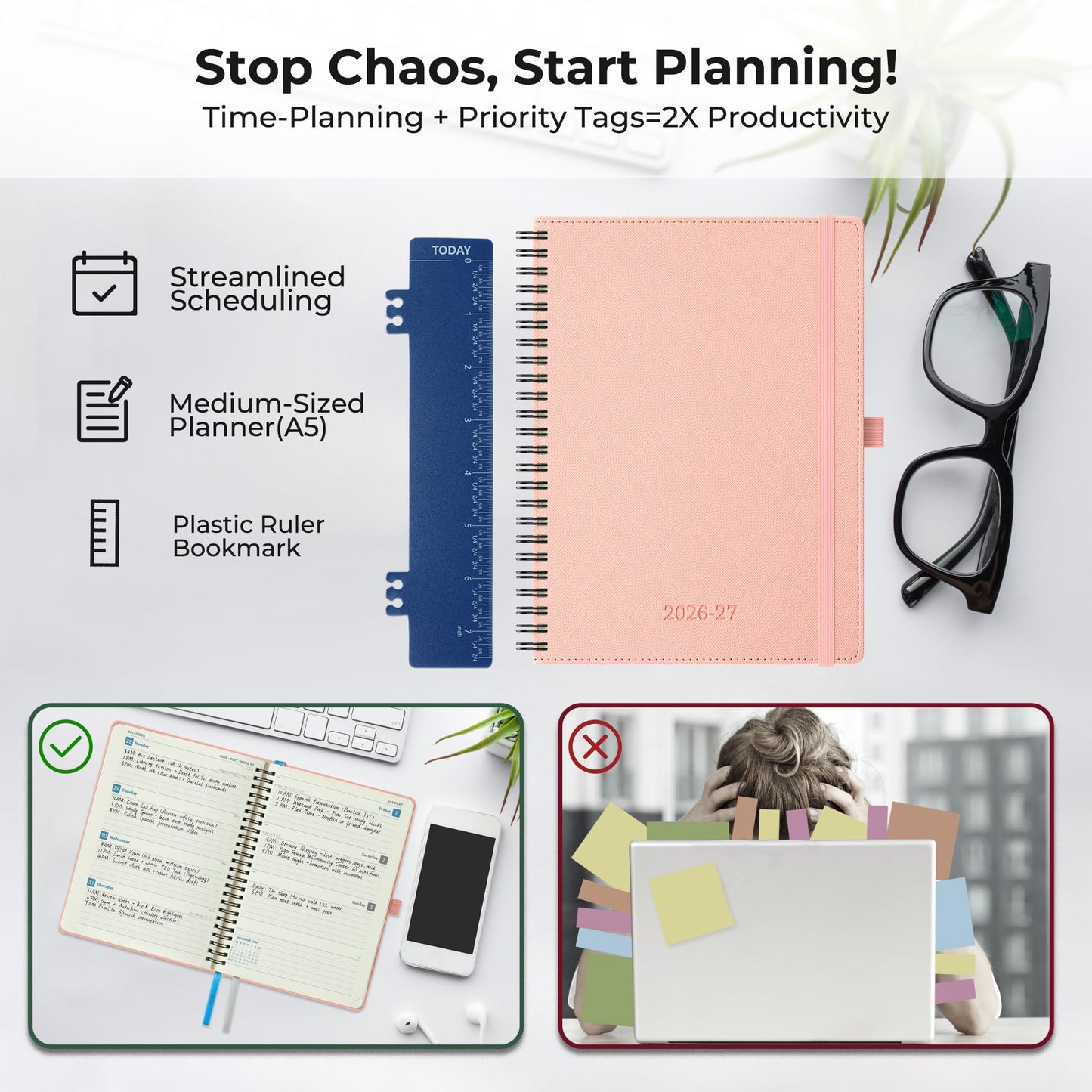 IN-LUXPRO Planner 2026-2027 Daily Weekly and Monthly,8.5"x6.5",18 Months Spiral Bound Calendar Agenda with Self-adhesive Pen Holder,2026 Academic Plan with Vegan Leather Soft CoverPink