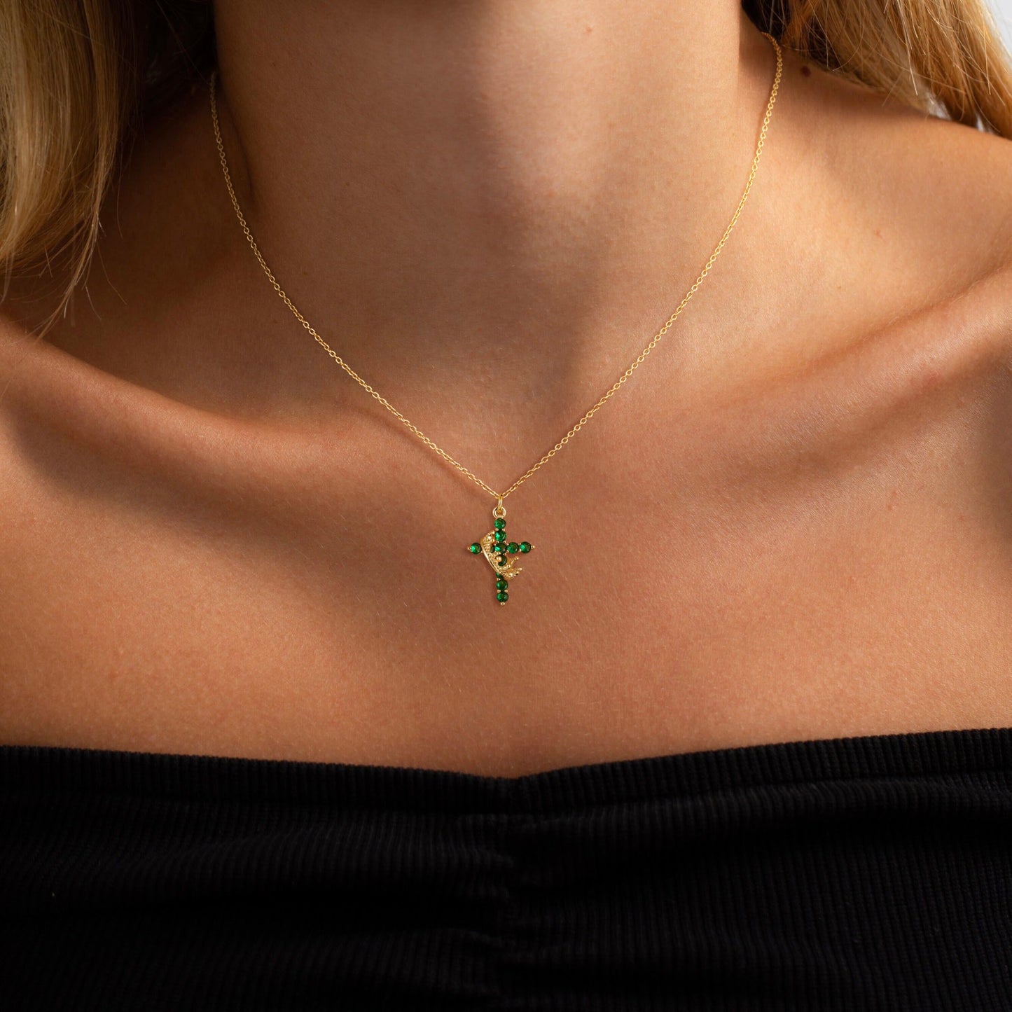 Robaice Birthstone Crown Cross Necklace for Women, Gold-Plated Christian Faith Necklace, Cross Jewelry Gift for Women, May Green Emerald Gift