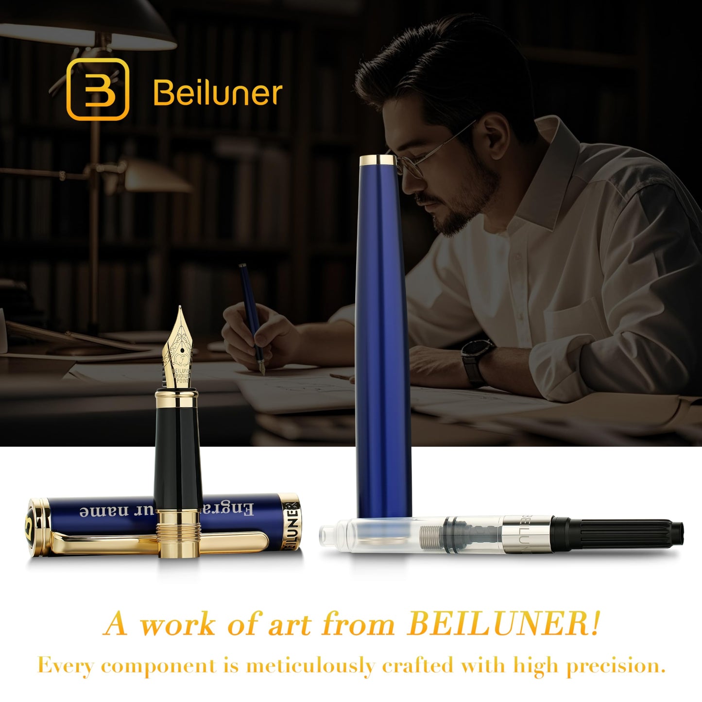 BEILUNER Blue Personalized Fountain Pen,Stunning Luxury Lacquer,24K Gilded Nib(Fine),Gorgeous 24K Gold Finish, Ink Converter,Fancy Gift for Men&Women-Elegant, Graduation,Nice Pens for Writing