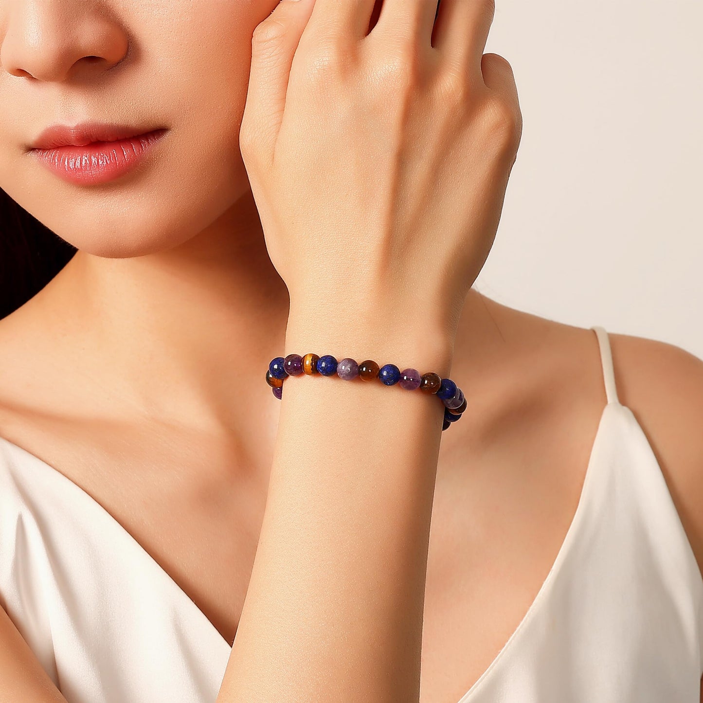 NUKAYAI Anxiety Relief Bracelet Gifts for Women Natural Stress Healing Crystals Lapis Lazuli Tiger Eye Amethyst Bracelet Jewelry Natural Stones