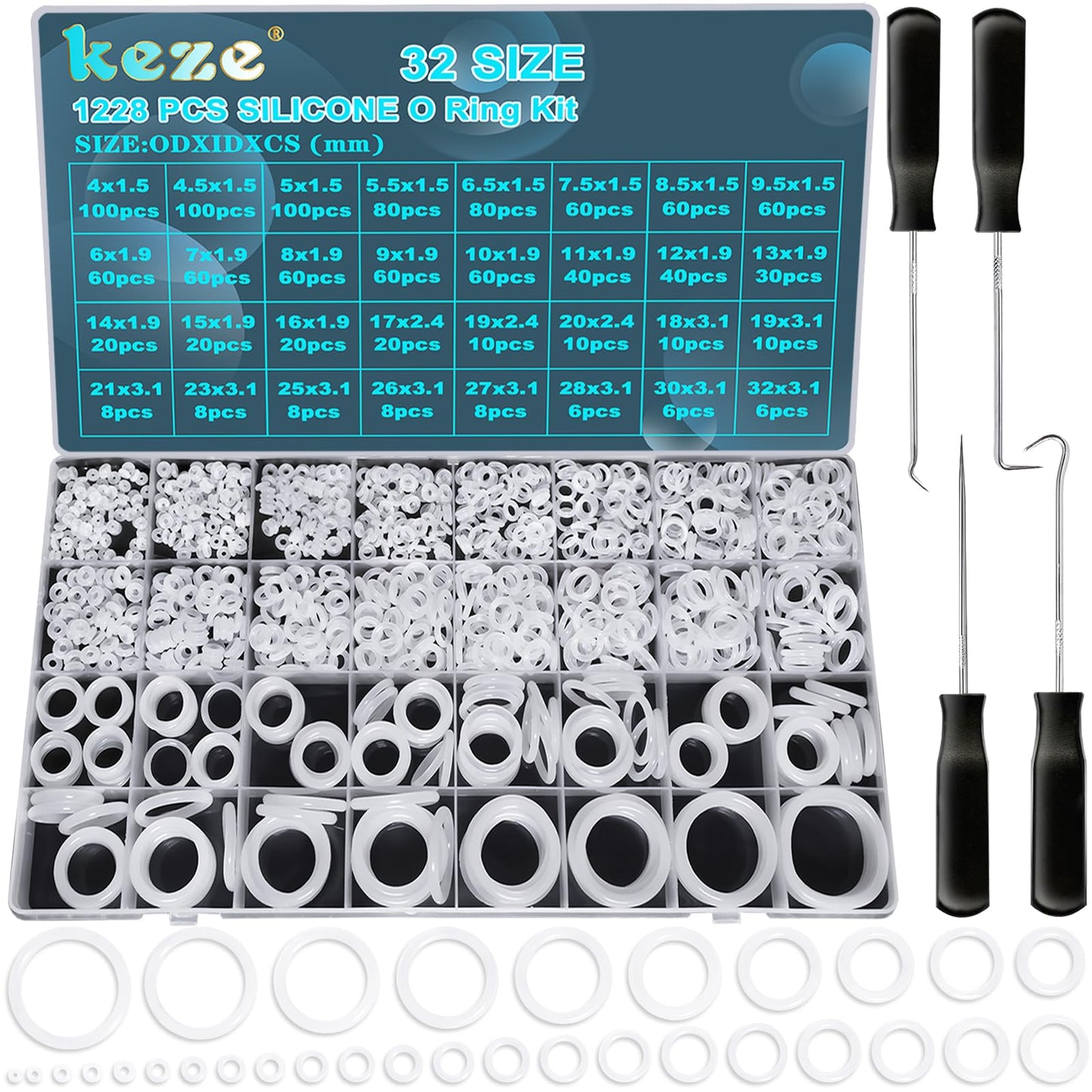 KEZE 1228 Pcs 32 Size Silicone O Rings Assortment Kit with Pick and Hook,White Heat Resistance VMQ Seal O Ring Set Metric OD:4-32mm