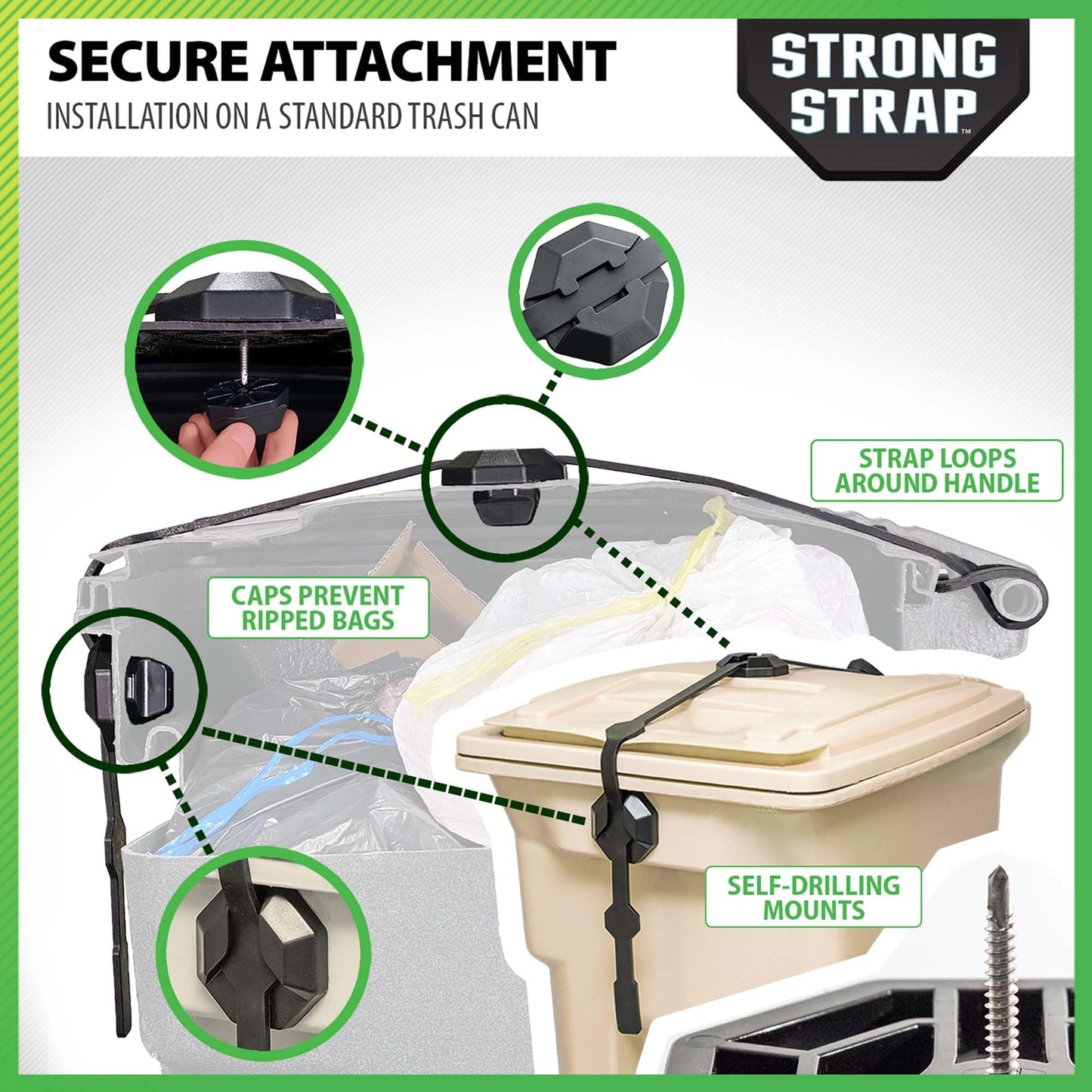 Blazer Brand Strong Strap Lid Lock for 32–96 Gallon Garbage Cans (1 Starter Kit) Long Lasting, No Tools Required, Stretch to Latch, Mitigate Pests, Wind, Overflow, and Spillage