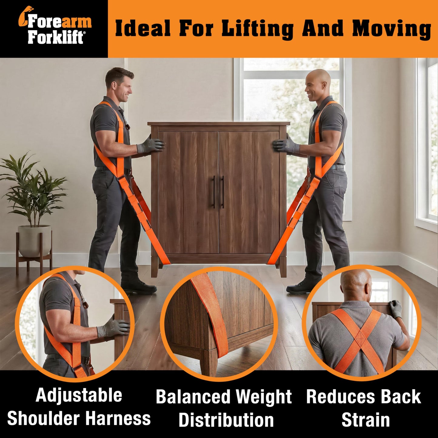 Forearm Forklift Shoulder Harness – Standard - Lift and Move Furniture, appliances, Supports up to 800 lb. Moving Harness Set, 2 Harnesses and 2 Center Straps that are ea 9’4” Long, 1 Pack, Orange
