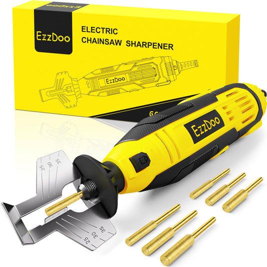 EzzDoo Electric Chainsaw Sharpener Kit with 6 Titanium-Coated Diamond Bits - Handheld Chain Saw Sharpener Tool for All Chains - No Removal Required, Easy and Fast Chainsaw Sharpening Kit