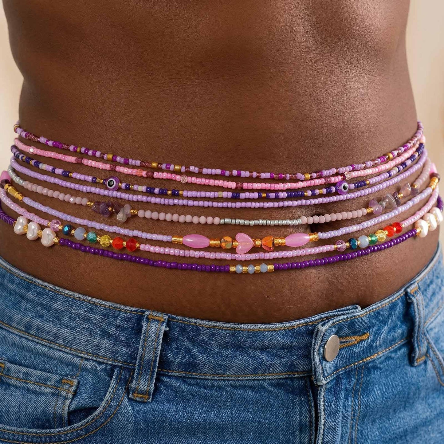 ELABEST Adjustable Handmade Waist Beads Stretchy 23-52 inch 8Pcs Chakra Yoga Body Belly Beaded Women Waist, Anklet, Bracelet, Necklace Jewelry with Screw clasp (Purple, 31.5inch/80cm)