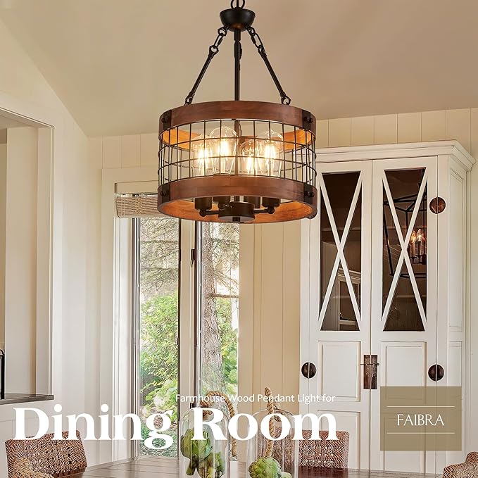 4-Light Farmhouse Drum Wood Pendant Light,14.5'' Vintage Rustic Brown Oak Wood Chandeliers,Retro Industrial Hanging Light Fixtures for Dining Room Entryway, Bedroom