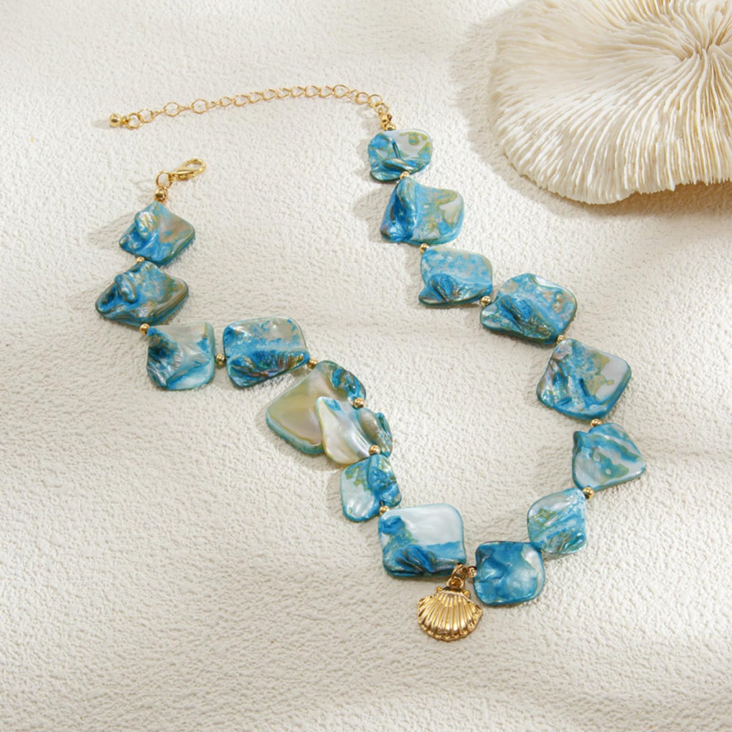 BYETOCE Metal Seashell Charm Necklace Blue Irregular Shell Pendant Necklace Boho Starfish Ocean Beaded Choker Summer Beach Fashion Statement Jewelry for Women Outfits Accessories
