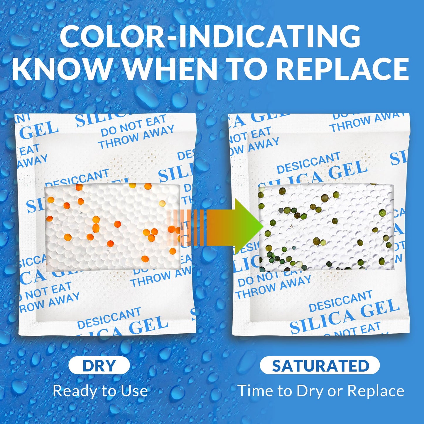 Silica Gel Packets 5 Gram 150 Pack, Color-Indicating Rechargeable Desiccant Packs Moisture Absorber for Food Storage, Electronics, Camera Lens, Toolboxes, 3D Printer Filament & Safes