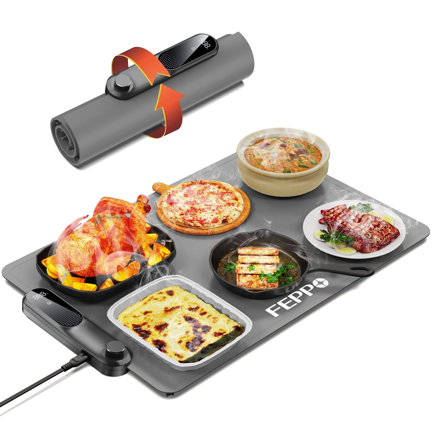 FEPPO Food Warming Mat, Electric Warming Trays for Buffets Party, Fast Full-Surface Heating Mat for Food with 19 Level Adjustable Temperature and 6 Hours Timer, Roll Up Food Warmer
