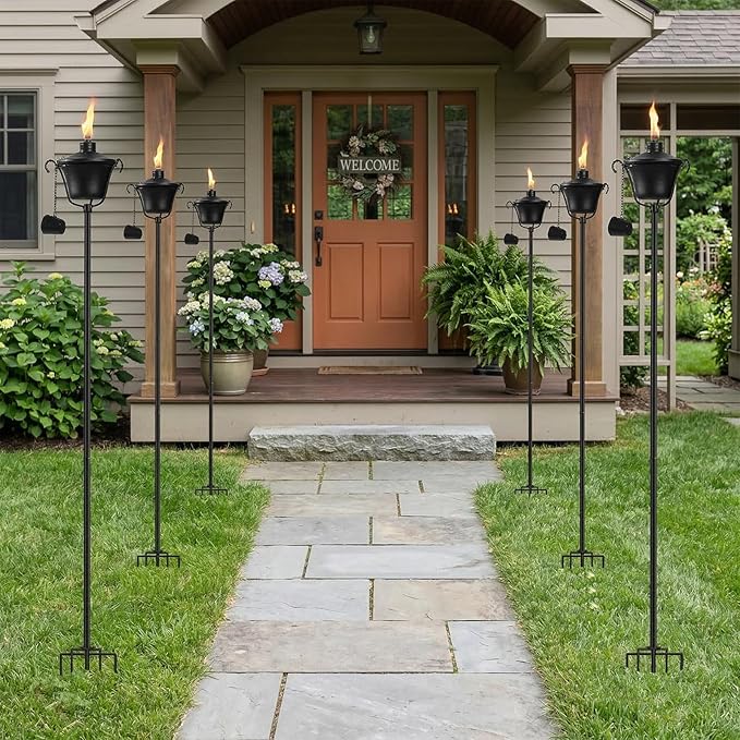 4 Pack Outdoor Garden Torch, 15 oz Outdoor Citronella Torches, 58 Inch 5-Prong Grounded Stake Torches, Metal Torches with Fiberglass Wick for Yard, Patio, Deck, Garden, Party, Landscape