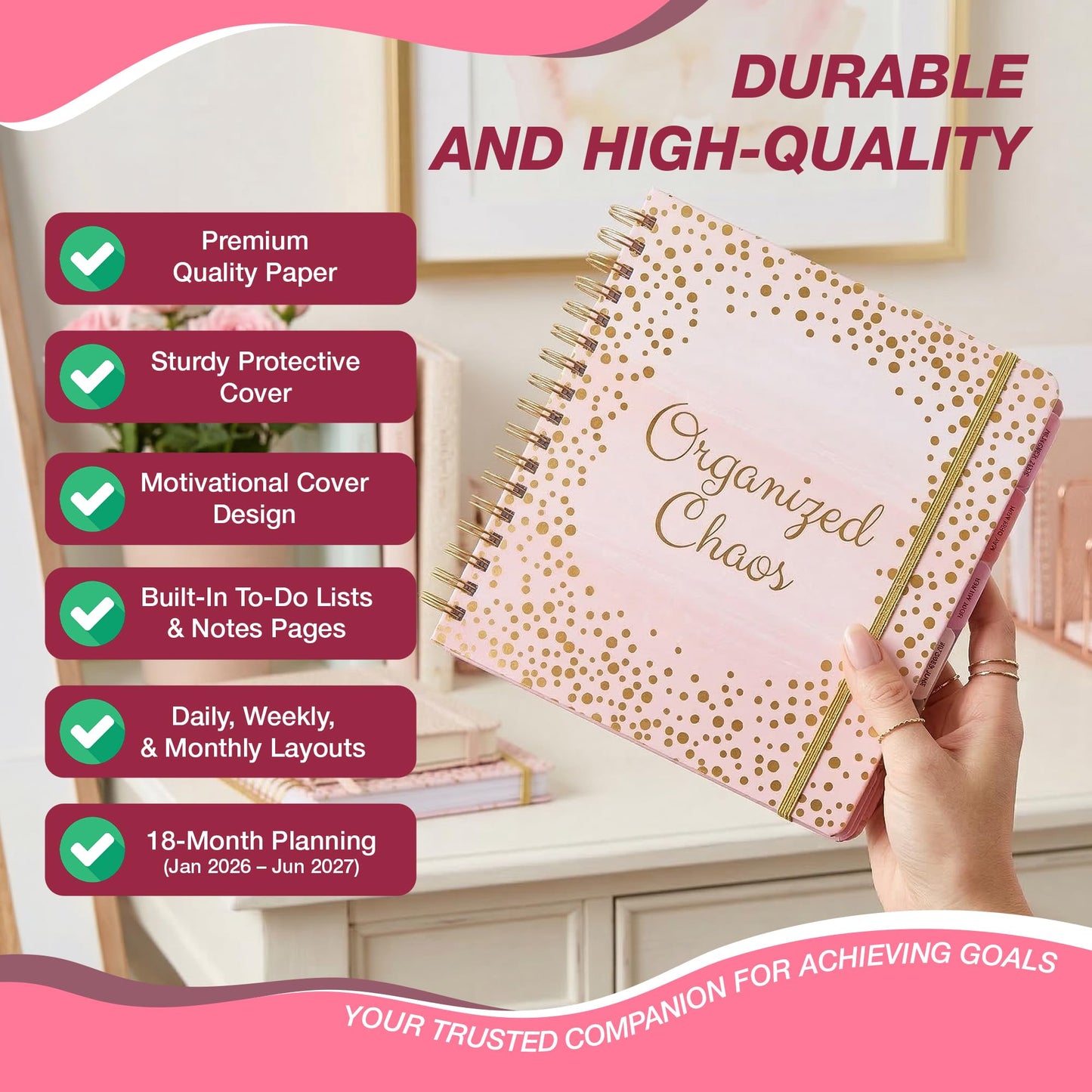Votum 18 Month Hard Cover Planners/Calendars 10" x 10", January 2026 - June 2027 - Daily, Weekly & Monthly Organizer with Pens, Stickers, Sticky Notes, and a Sturdy Cover - Organized Chaos