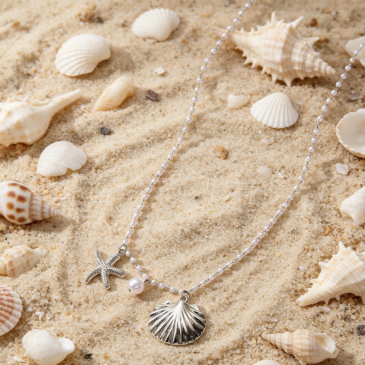 Gold Starfish Seashell Pearl Necklace for Women Gold Pearl Beaded Choker Necklace Summer Boho Starfish Seashell Charm Pendant Necklaces Beach Mermaid Jewelry Accessories