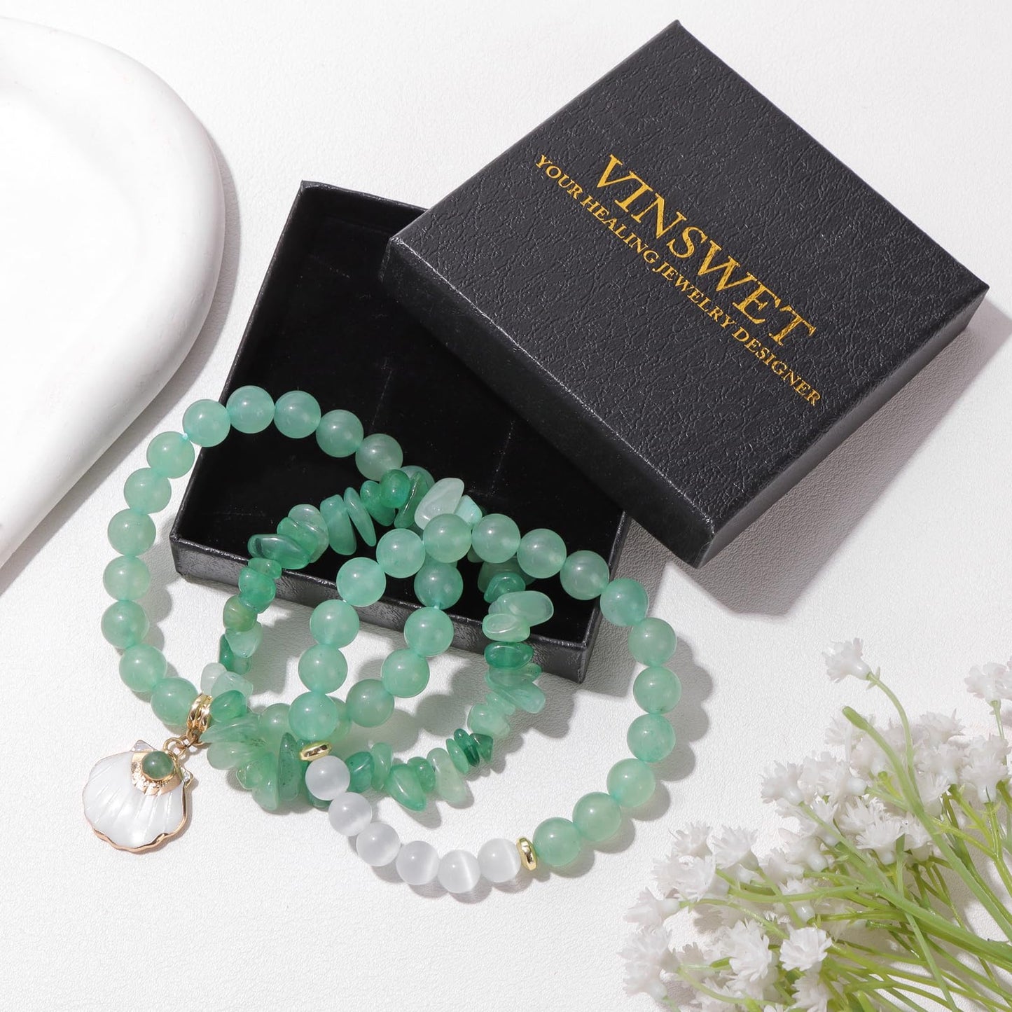 Vinswet Healing Crystal Beaded Bracelets for Women,Natural Amethyst Gemstones Bracelet,Anxiety Stress Relief Heart Charm Bracelet Handmade purple Jewelry Gifts for Women (Green aventurine&Moonstone)
