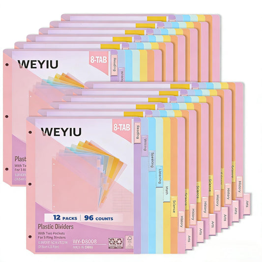 8-Tabs Binder Dividers with Pockets, Plastic Index Dividers for US Letter Size in 0.5'', 1'', 2'', 3 inch Binders, Multicolor Tabs for Easy File Organization, School Office Supplies 8 Colors (12 Pack)