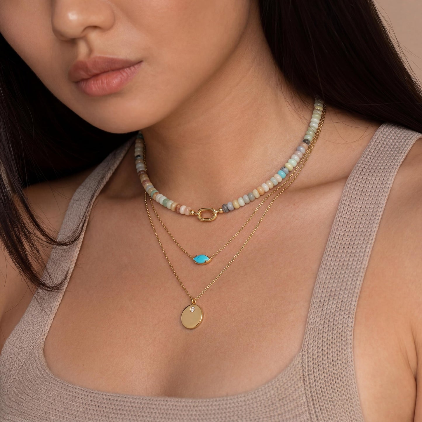CONRAN KREMIX Amazonite Stone Beaded Necklace for Women,Natural Gemstone Bead Choker Necklaces Boho Summer Beach Layering Necklace Jewelry Gift for Women