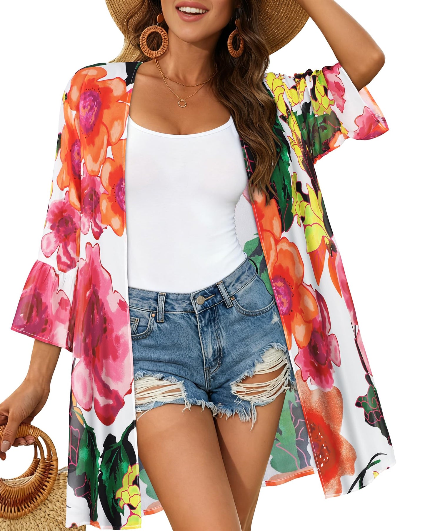 Summer Kimono for Women Cardigan Ruff Sleeve Shirts Chiffon Casual Bathing Suit Cover Up Tops (Pink Rose, L)