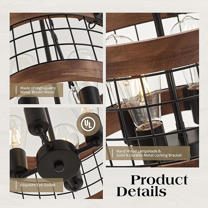 4-Light Farmhouse Drum Wood Pendant Light,14.5'' Vintage Rustic Brown Oak Wood Chandeliers,Retro Industrial Hanging Light Fixtures for Dining Room Entryway, Bedroom