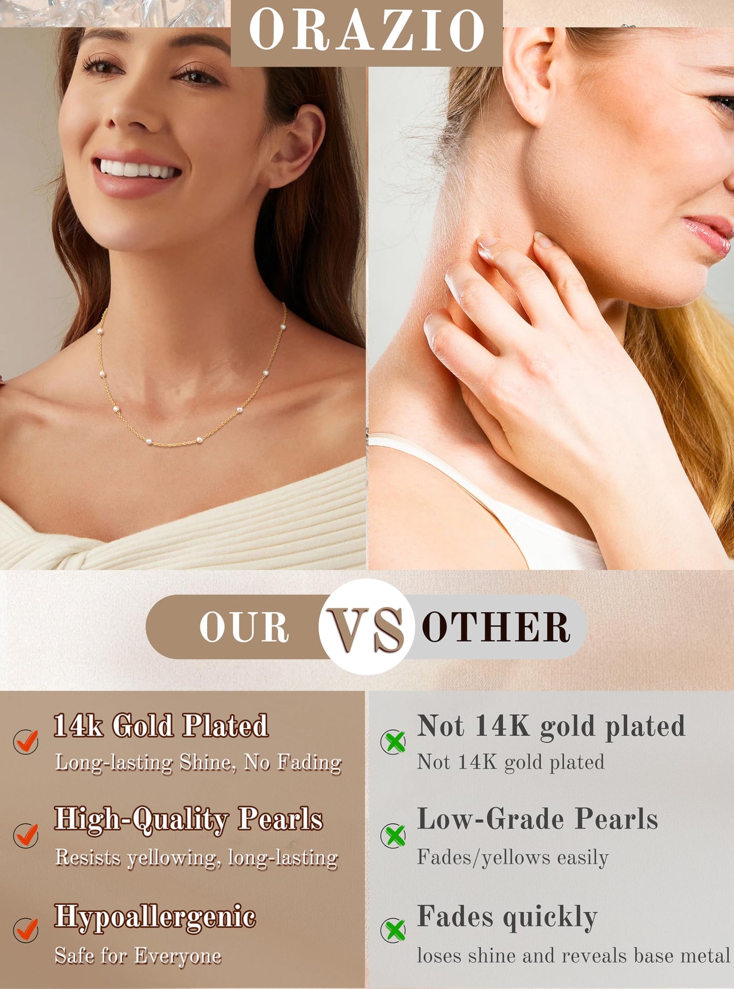 ORAZIO Dainty Gold Pearl Necklaces for Women, 14K Gold Plated Faux Pearl Choker Necklaces Trendy Small Pearl Necklace Strand Wedding Prom Bridal Pearls Jewelry Gifts 20 in 8mm