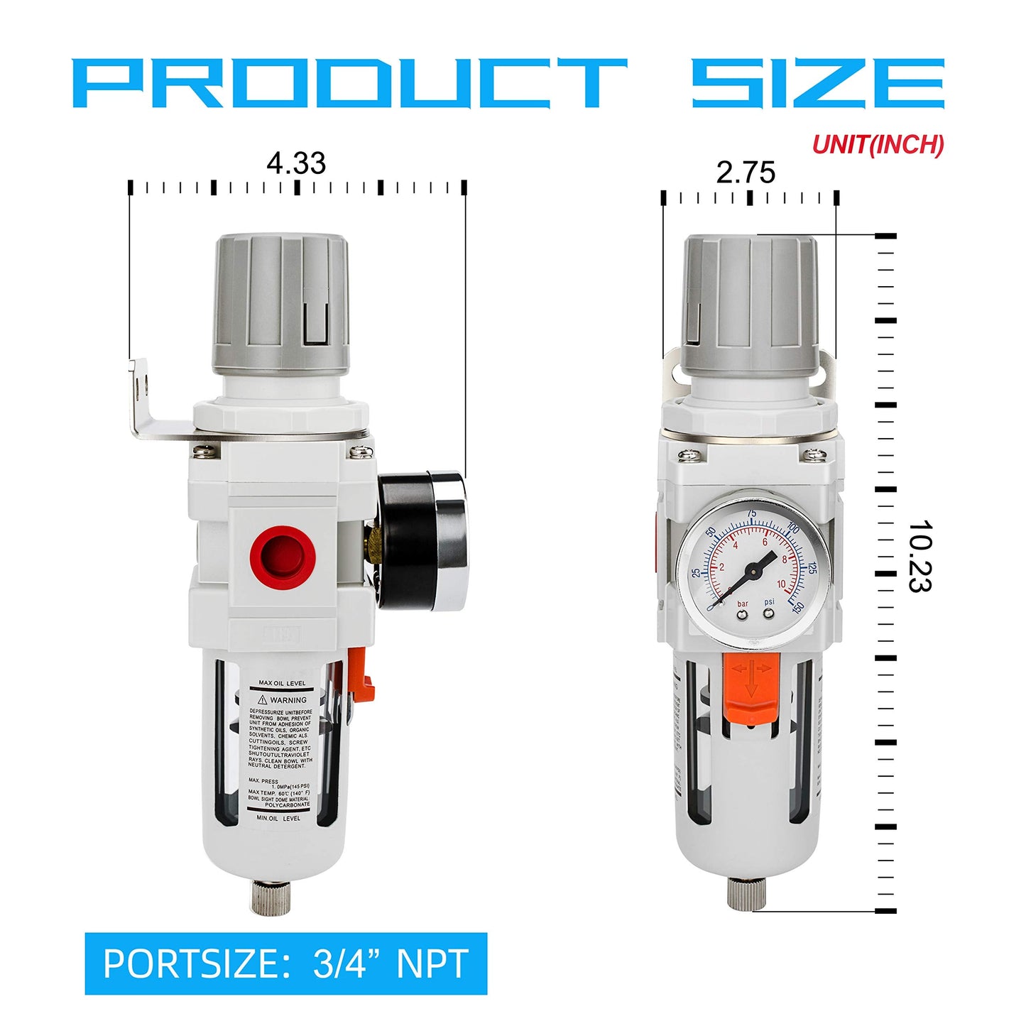 NANPU 3/4" NPT Compressed Air Filter Regulator Combo Piggyback, 5 Micron Brass Element, Poly Bowl, Semi-Auto Drain, Metal Bracket, 0-150 psi Gauge