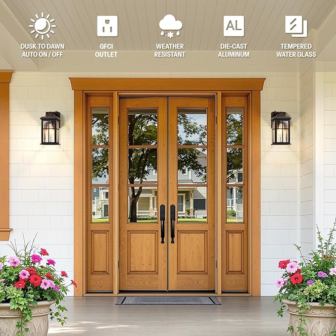Gleamz Outdoor Porch Light with GFCI Outlet, Oil Rubbed Bronze Gold Trim Farmhouse Exterior Lighting Fixtures with Outlet for House, Waterproof Outdoor Wall Sconce, Anti-Rust Aluminum Outside Light