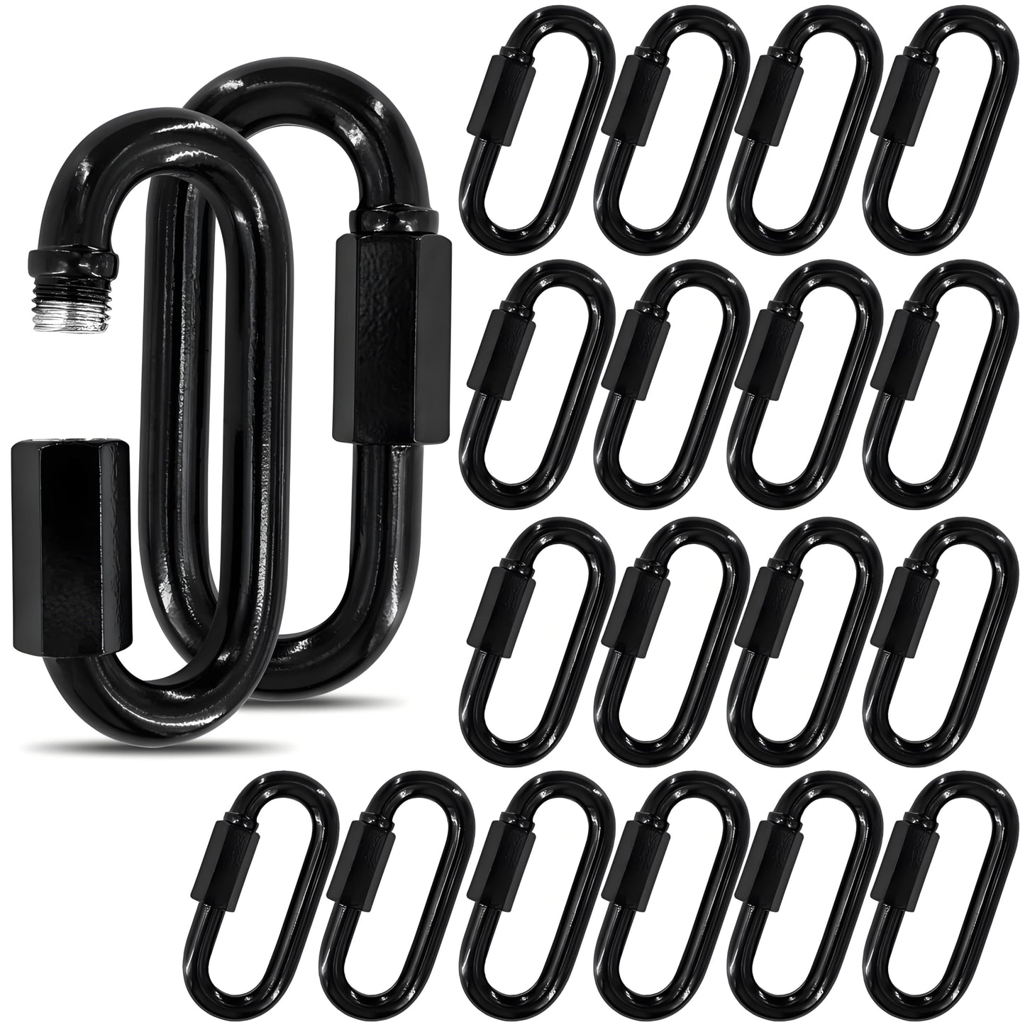 3.5" Black Chain Quick Link, 20 Pcs 3/8" Heavy Duty Locking Carabiner, 2000 LBS Capacity, Durable Chain Connector for Hanging Keys, Dog Leash, and Fence Gates