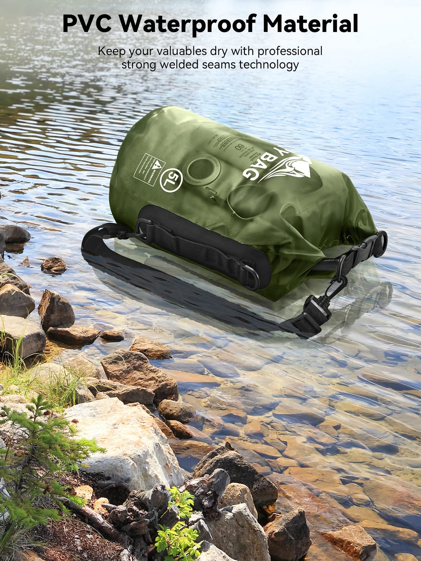 HEETA Dry Bag Waterproof for Women Men, Roll Top Lightweight Dry Storage Bag Backpack with Phone Case for Travel Swimming Boating Kayaking Paddle Board Camping Beach Accessories (Pitch Green, 30L)