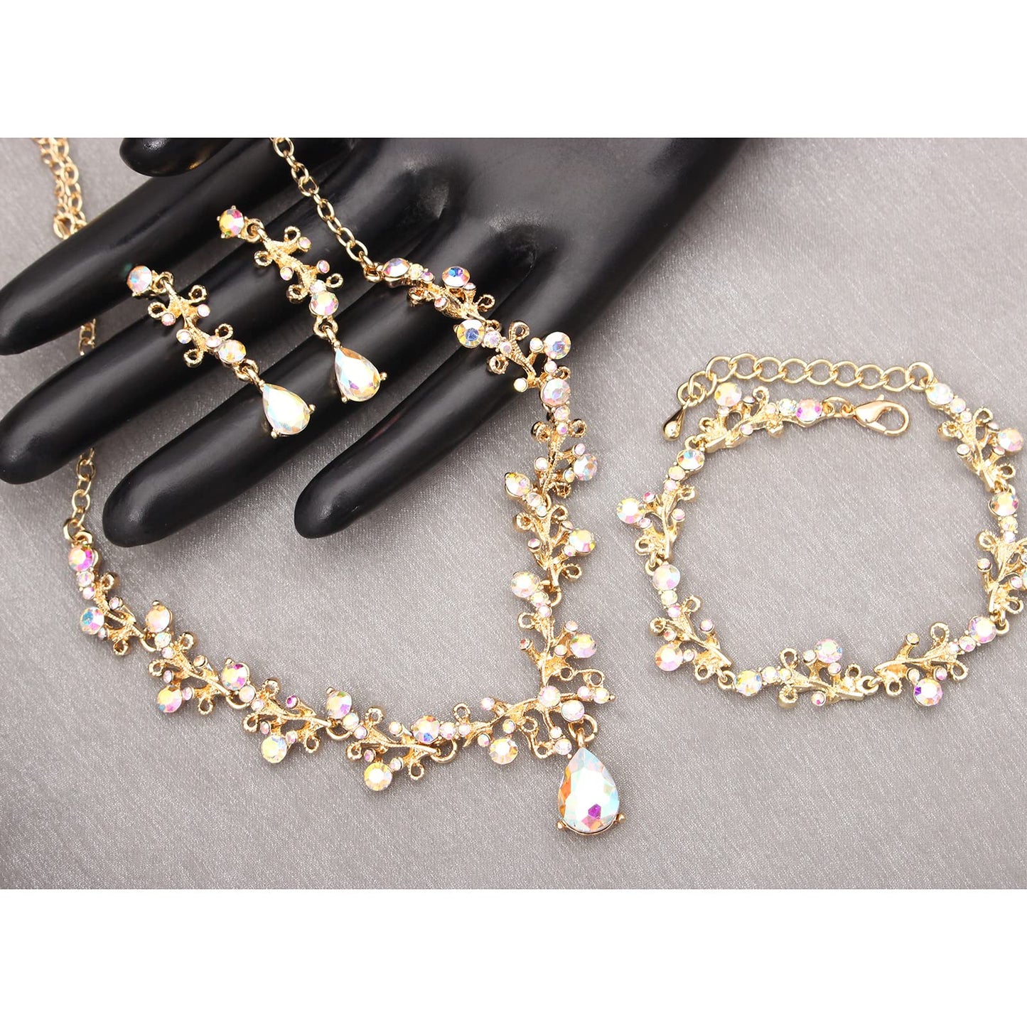 3Pcs Austrian Crystal Jewelry Set for Women, Necklace Dangle Earrings Link Bracelet Jewelry Set with Gold/Platinum/Gun Plated, Wedding Party Jewelry for Bridal Bridesmaid (Pink-Gold Plated)