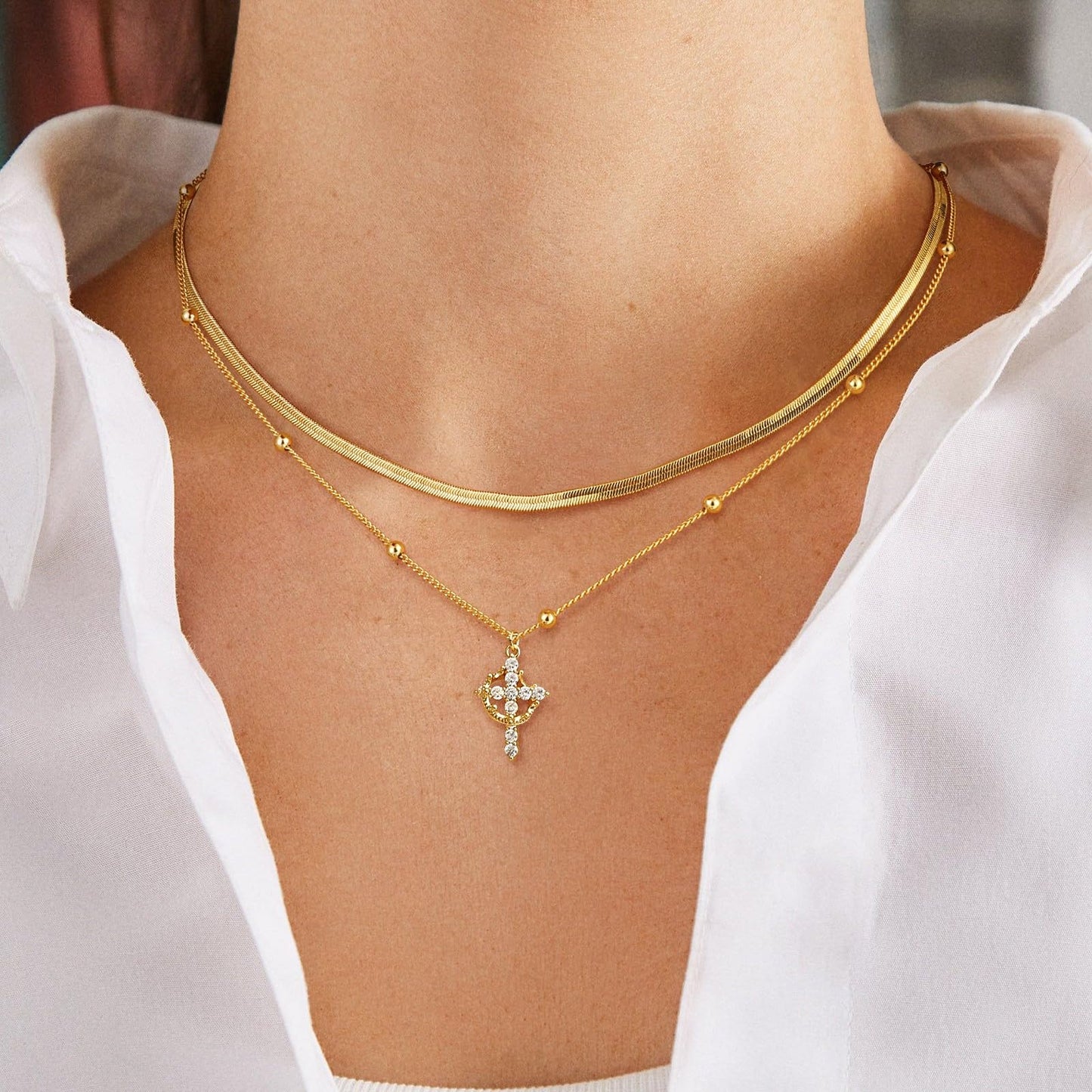 Robaice Cross Necklace for Women 14K Gold Plated Crown Cross Pendant Necklace Simple Gold Necklaces Faith Cross Jewelry First Communion Necklace, Herringbone Chain Set