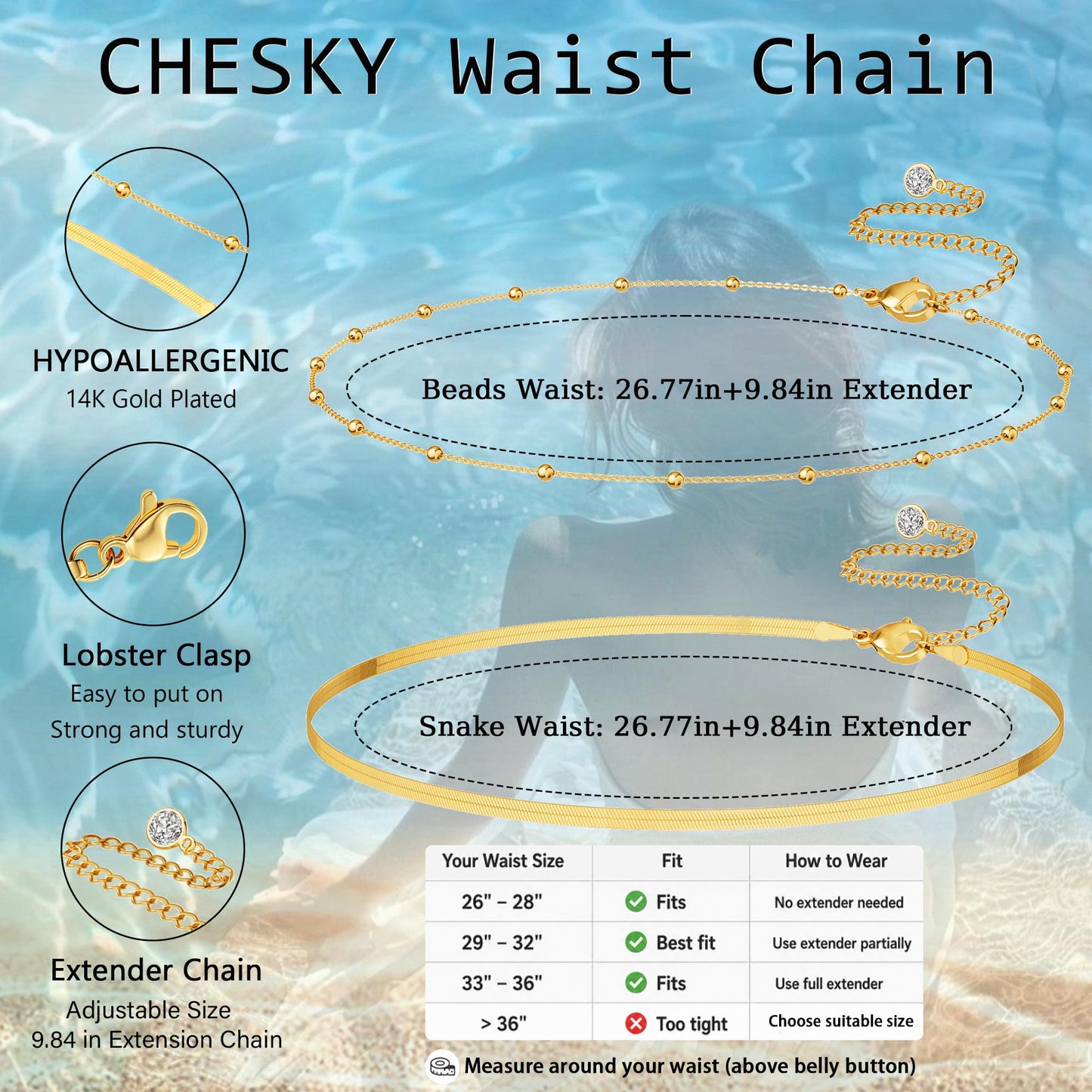 CHESKY 14K Gold Plated Waist Chain for Women, Layered Belly Belt Chains Beach Waist Beads Chain Waterproof Herringbone Snake Body Chain Summer Jewelry Accessories for Women