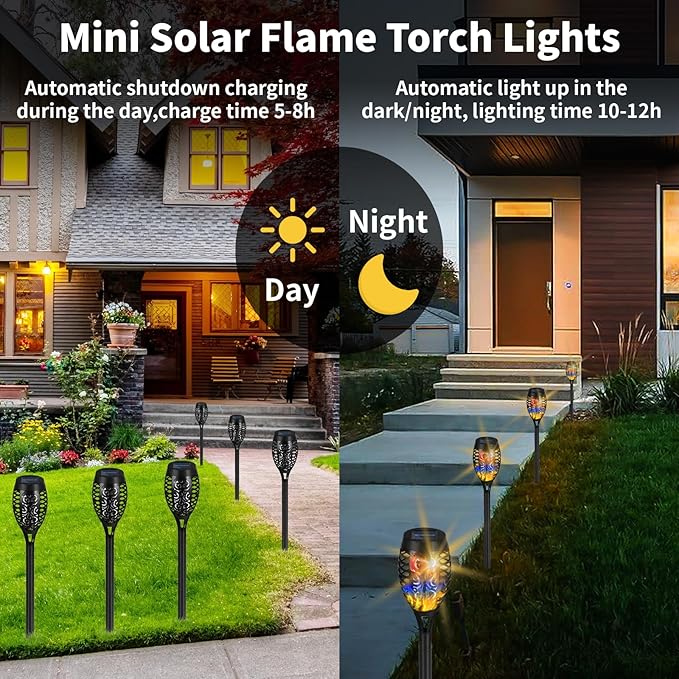Solar Torch Lights, 6 Pack with Colorful Flickering Flame, Waterproof Tiki Torches for Outside Pathway Decorations