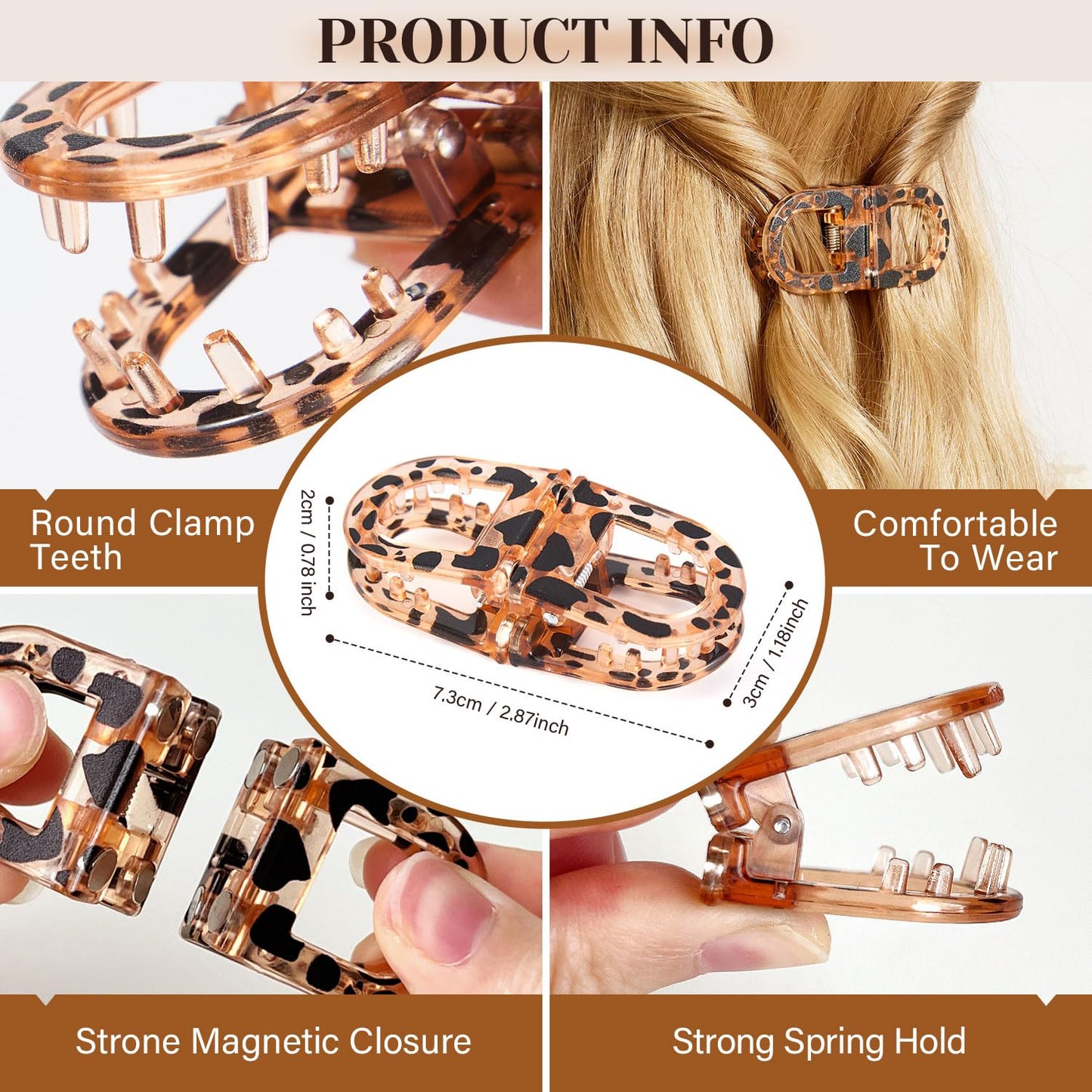 RCZETC Magnetic Hair Clips 2-Pack | Hair Clips for Styling & Thick Hair | Claw Clips & Barrettes for Women | Strong Hold Non-Slip No-Crease Hair Barrettes（Leopard Print + Black）