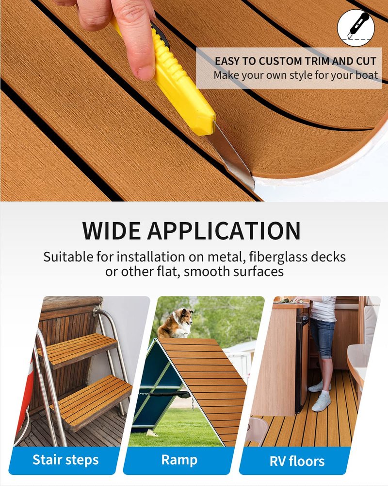 OCEANBROAD Self-Adhesive 48''x16.8'' Boat Flooring with 3M Adhesive Backing EVA Foam Boat Decking Faux Teak Marine Non-Slip Sheet for Jon Motor Boats Yacht Helm Pad Floor, Brown with Black Seam Lines