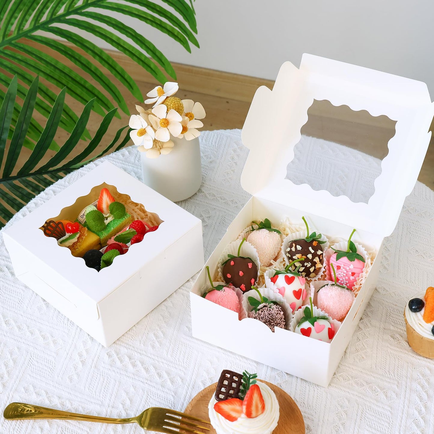 Moretoes 80pcs 6x6x3 Inches Bakery Boxes, Cookie Boxes with Window, Small Treat Containers for Pastries, Chocolate Covered Strawberries, Macarons, Cupcakes, Goodies, Donuts,White
