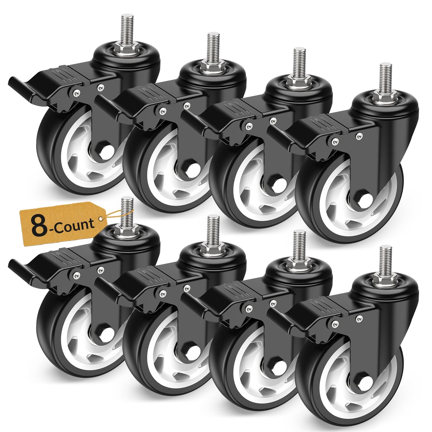 HOLKIE Caster Wheels 4 inch Total Locking Stem Casters, 1/2" -13 x 1(Stem Diameter 1/2", Stem Length 1") Threaded Stem Casters Swivel Casters Set of 8 Heavy Duty Castors Black 8 Pack