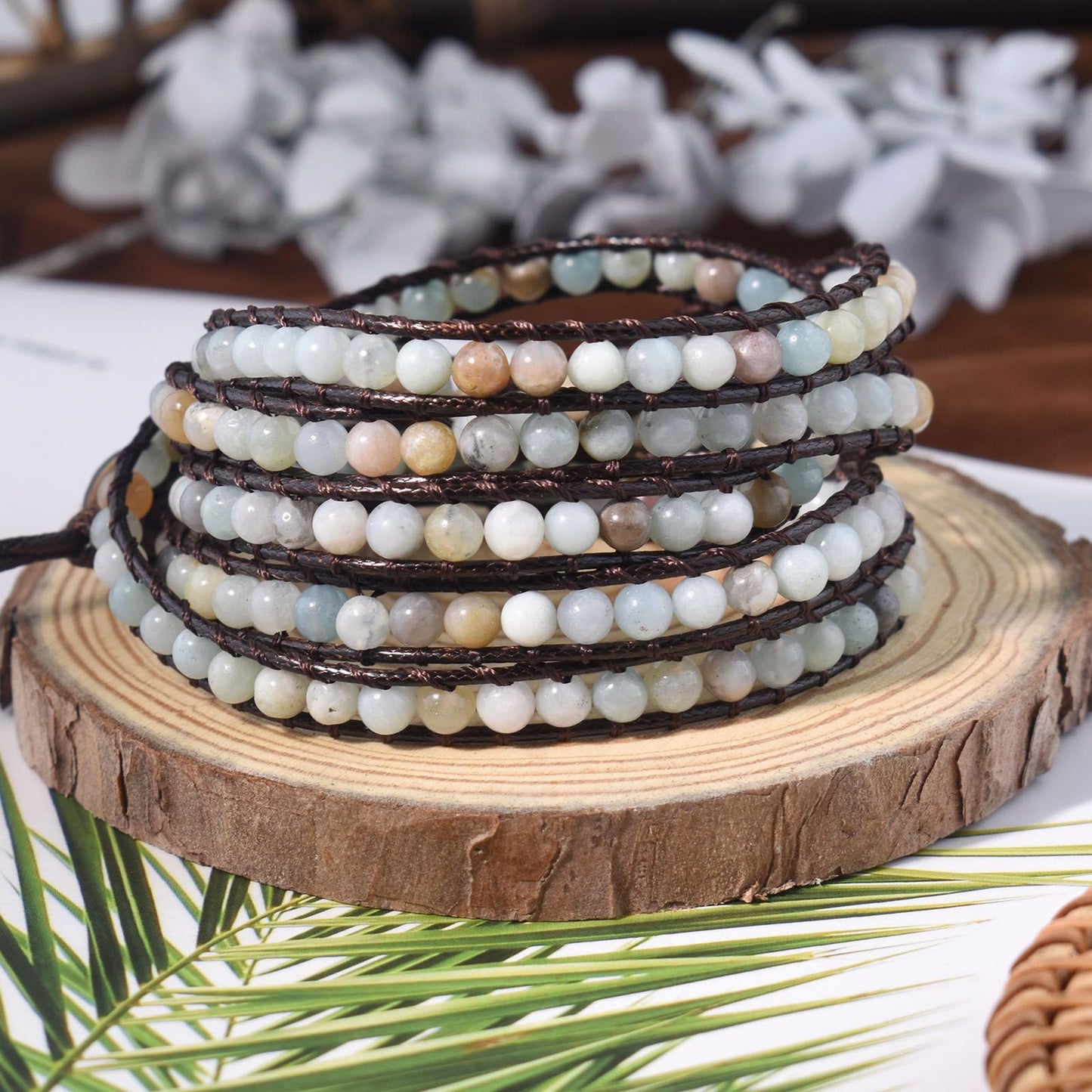 Ayriwoyi Natural Stone Amazonite Bracelet, 5 Wraps Adjustable Handmade Bracelet for Women, Boho Beaded Bracelet, Mother's Day Gift
