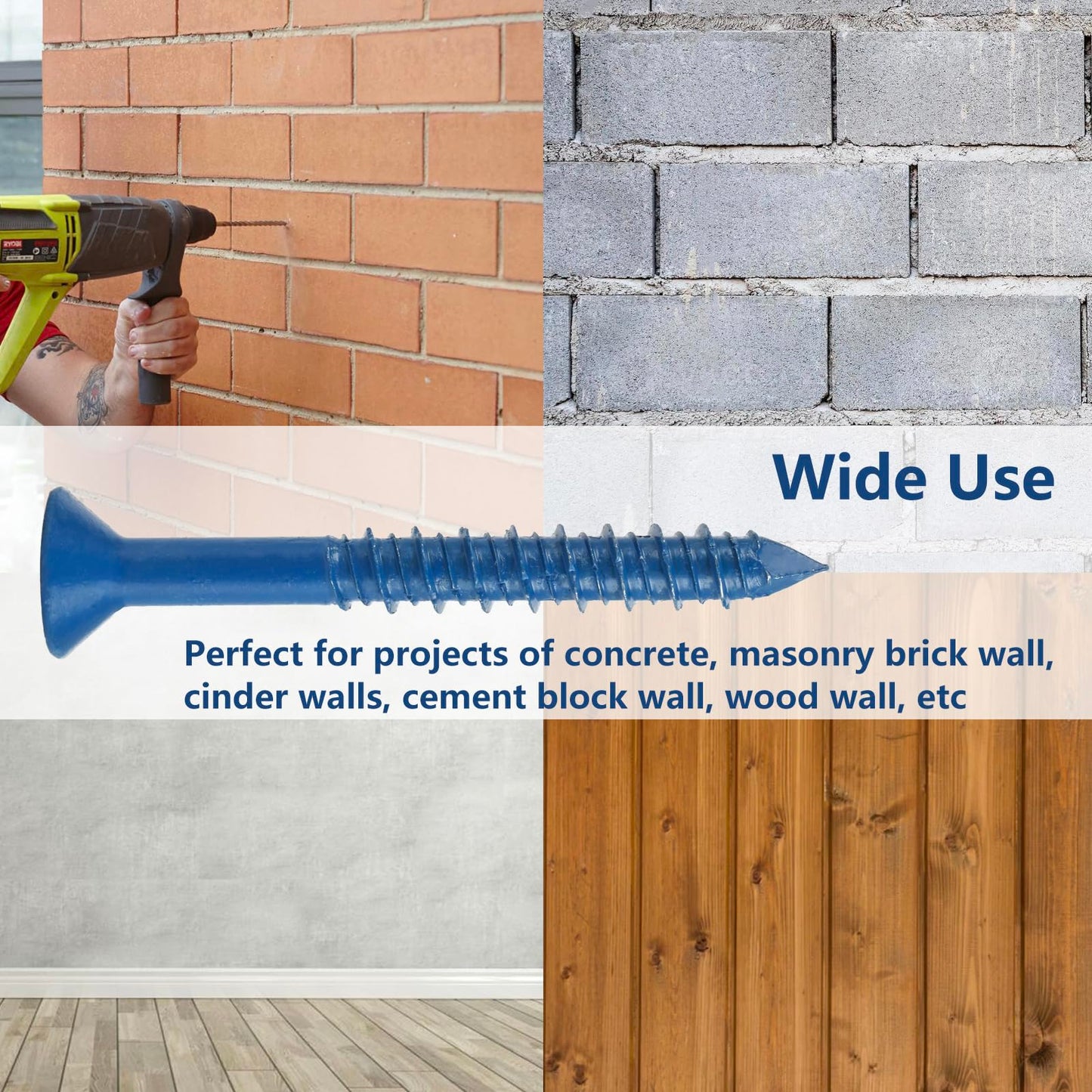 Allkeen 1/4" x 2-1/4" Concrete Screws, Anchoring to Masonry, Brick, Block, Cement or Stucco, 100PCS