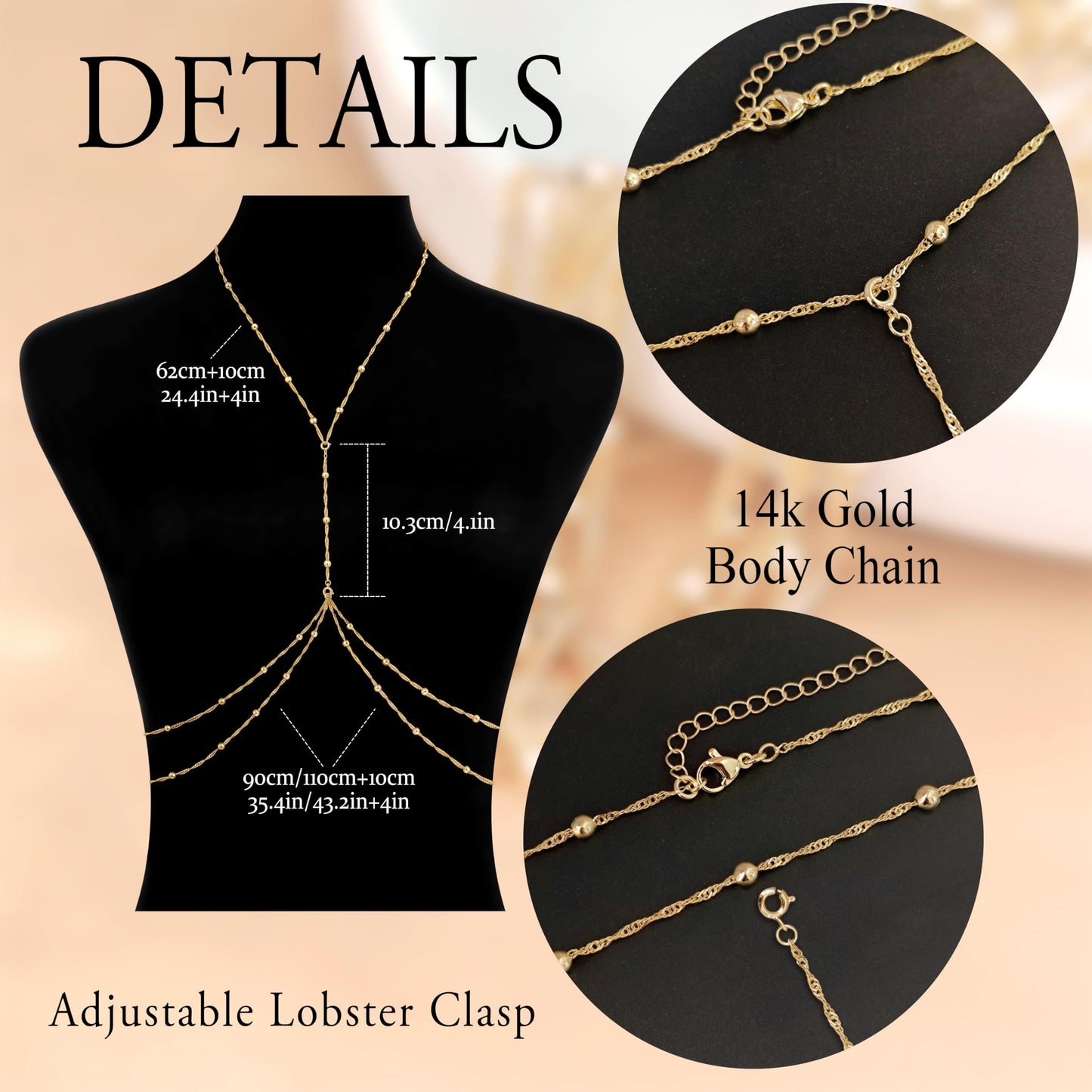 HERIER 14K Gold Plated Body Chain for Women Layered Beads Chain Adjustable Sexy Beach Body Jewelry Belly Waist Chain Jewelry for Women Gifts