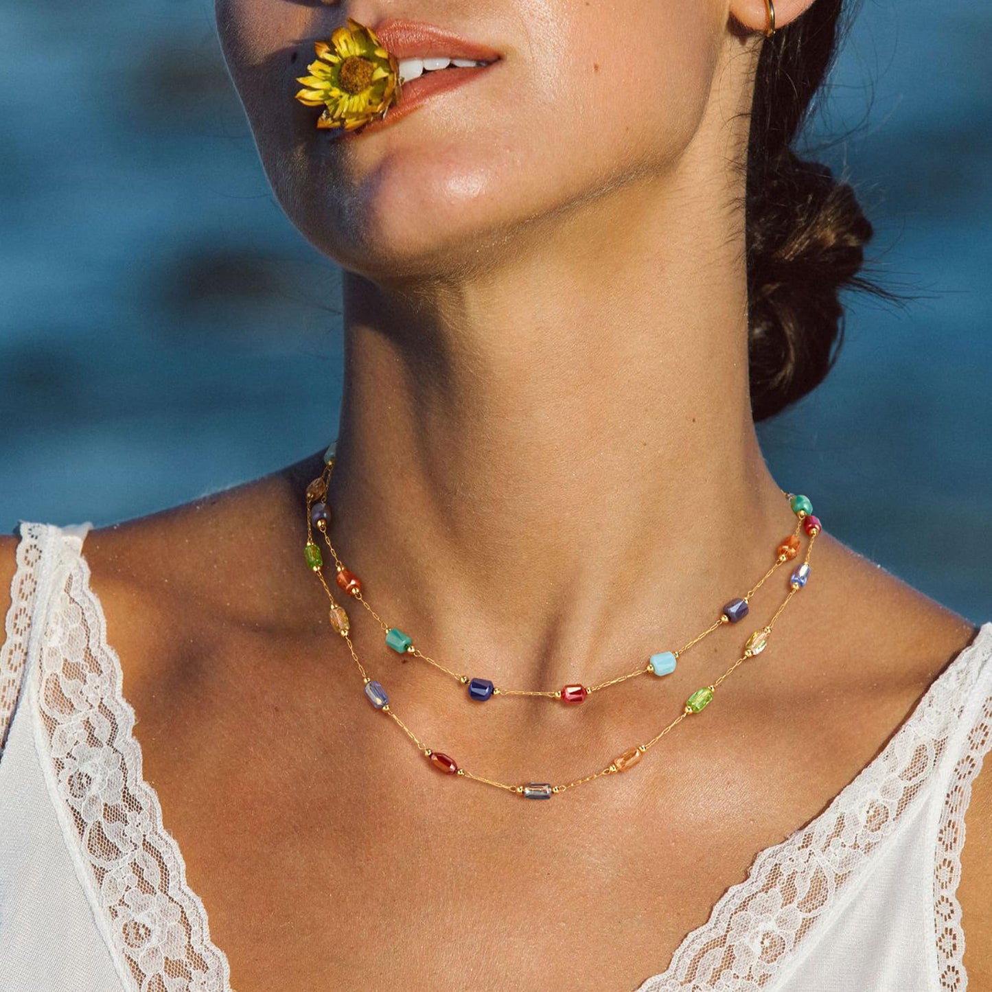 MTMY Beaded Necklaces for Women 14K Gold Plated Dainty Colorful Green/Rose Beaded Pearl Choker Necklace Delicate Boho Choker Necklace Jewelry Gift (mixed color cube)