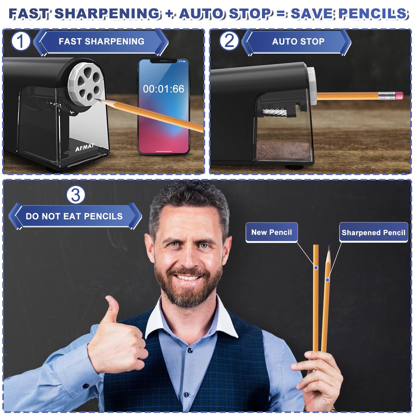 AFMAT Electric Pencil Sharpener for Classroom, 6 Holes, Heavy Duty Pencil Sharpeners for Home, Pencil Sharpener Plug in for 6-11mm Pencils, Auto Stop, Super Fast, Save Pencils, PSX2