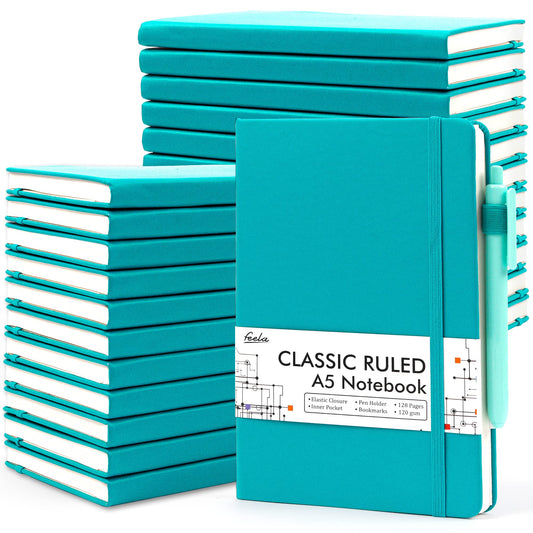 24 Pack Journal Notebook for Work, Feela Business Notebook Bulk Hardcover Lined Writing Journal with Pen Holder for Men Women Note Taking, with 24 Black Pens, 120 GSM, 5.1”x8.3”, A5, Emerald