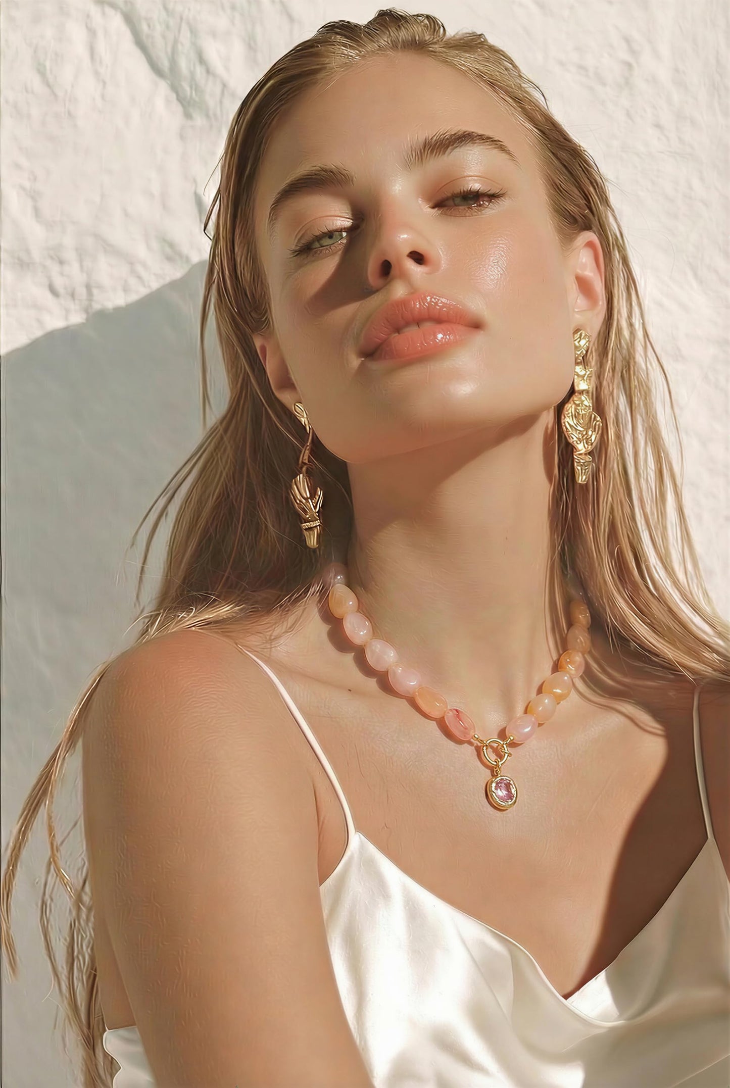Boho Pink Acrylic Beaded Necklace for Women, 14K Gold Plated Dainty Resin Choker with Pink Cubic Zirconia Pendant, Handmade Statement Summer Jewelry, Adjustable Necklaces for Wedding Party Gift